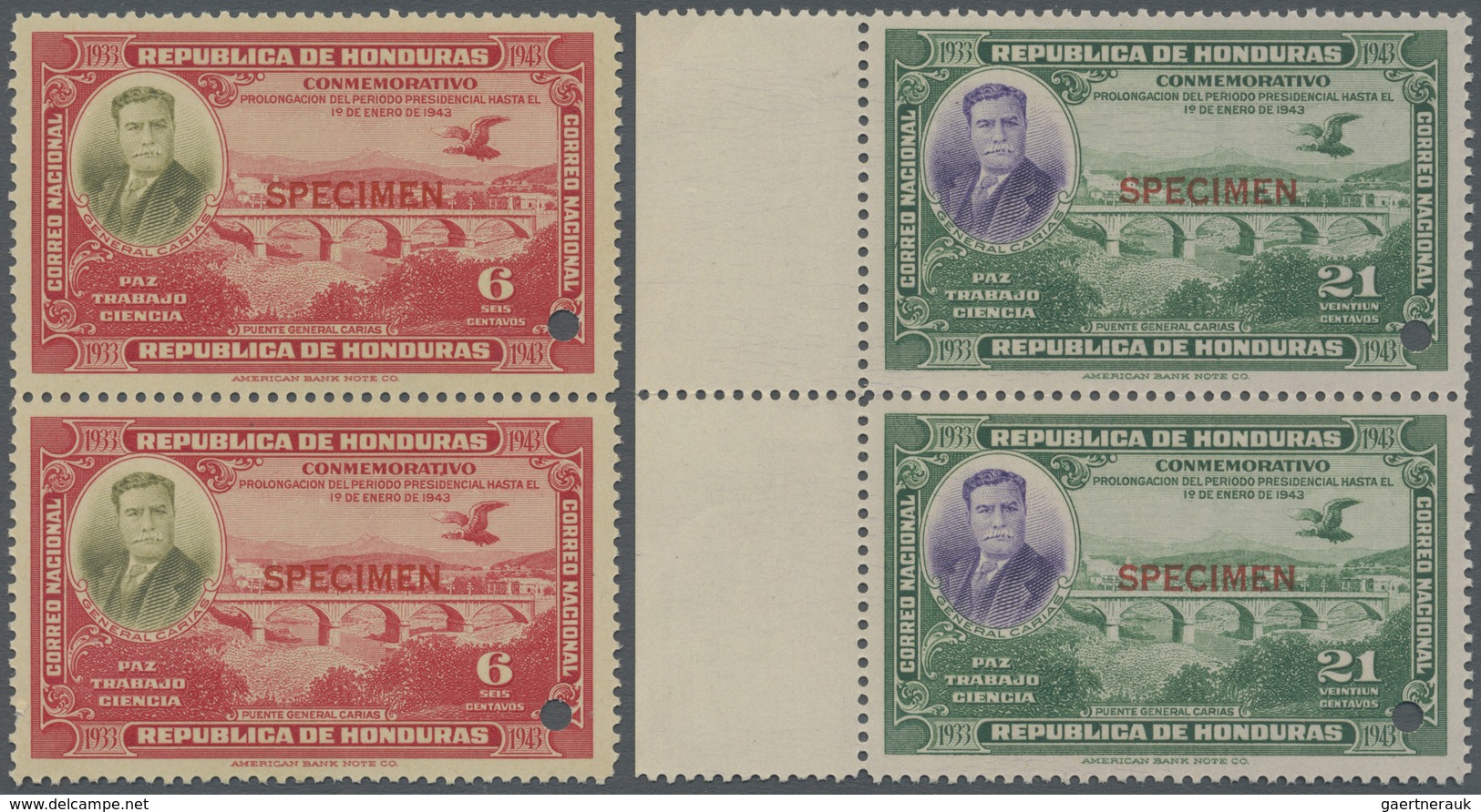 ** Honduras: 1937, President Tiburcio Carias, Complete Set In Vertical Pairs With ABN Specimen Overprin - Honduras