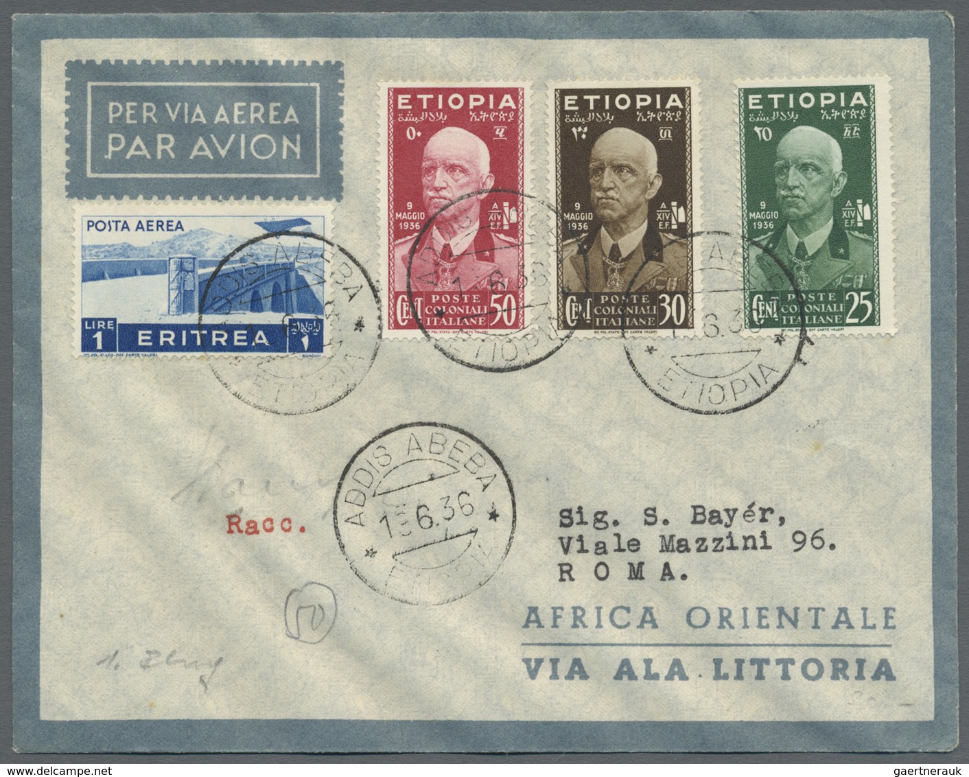 Br Italienisch-Äthiopien: 1936/1937, Lot Of Three Covers/cards: 25c. To 50c. On Envelope C.t.o. "ADDIS - Ethiopië