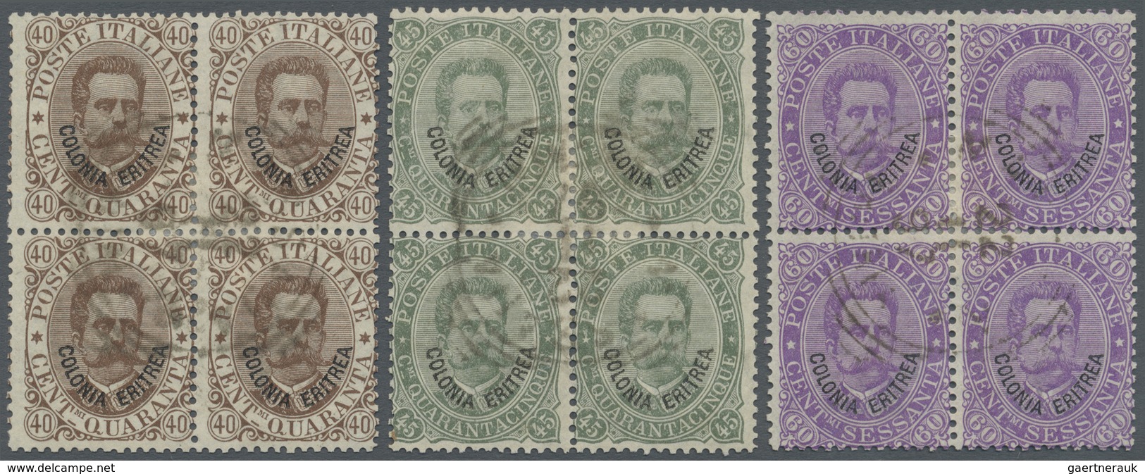 O/ Italienisch-Eritrea: 1893, 40c. Brown, 45c. Olive And 60c. Violet, Three Values Each As BLOCK OF FOU - Erythrée