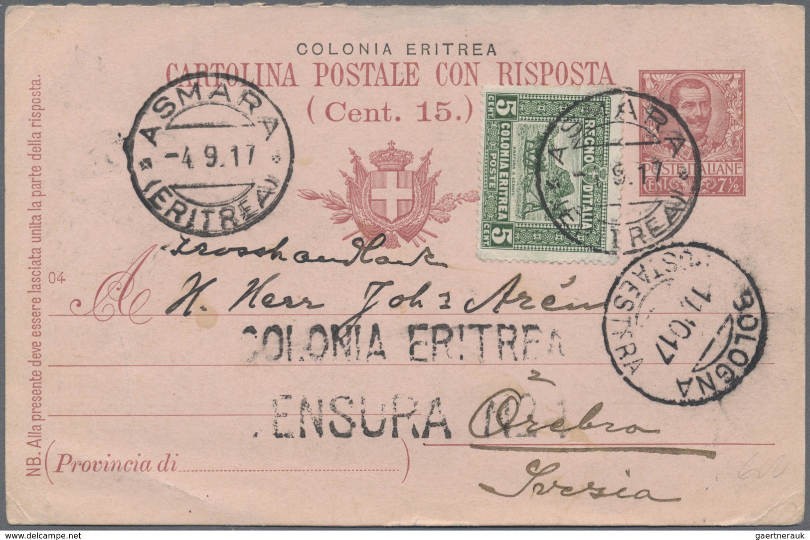 GA Italienisch-Eritrea: 1917: Postal Stationery Card To Sweden (part Of A 7 1/2 + 7 1/2 Double Card) Up - Erythrée