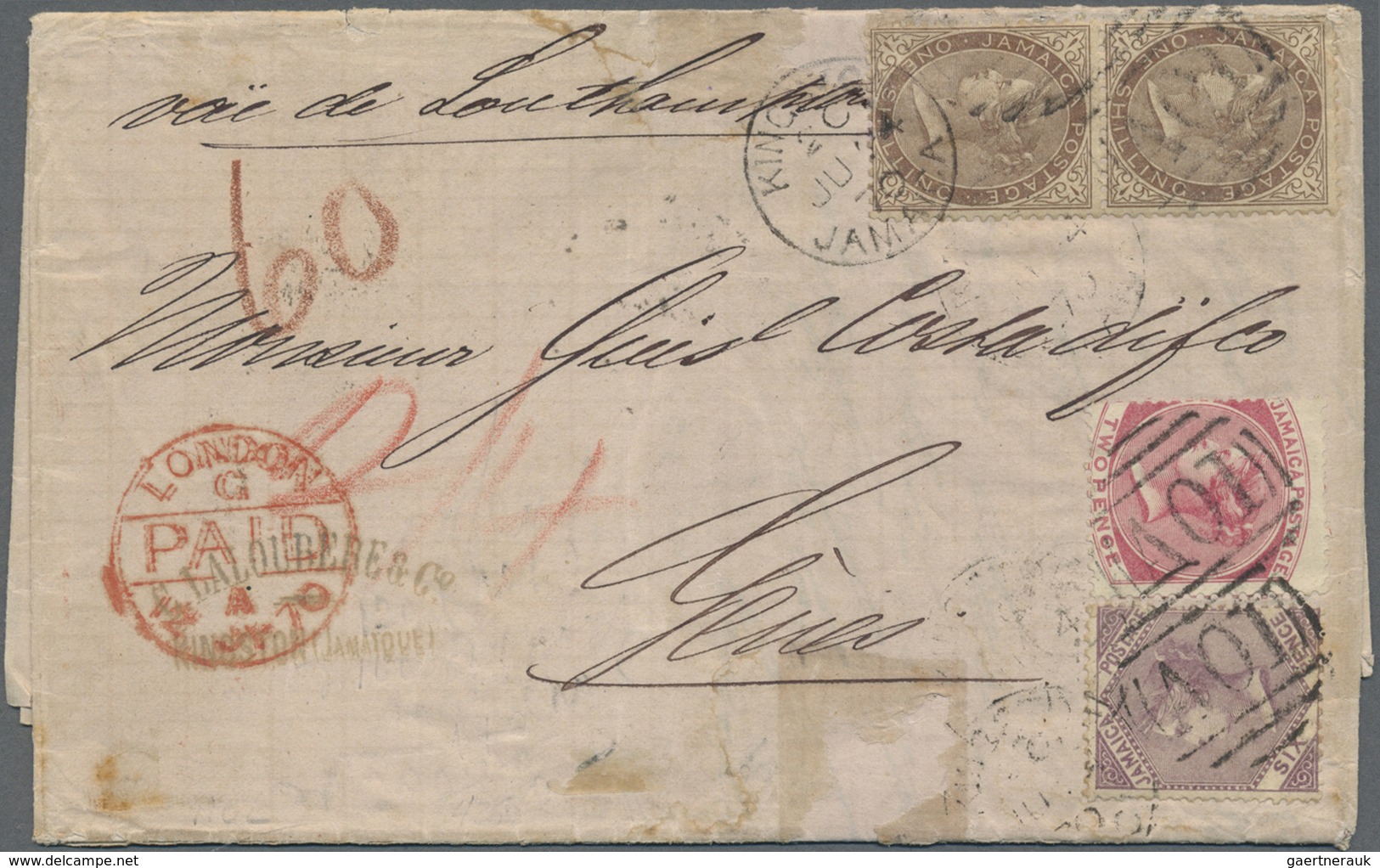 Br Jamaica: 1870, Entire Letter From KINGSTON To GENOVA, At Quadruple 2/8 Sh Rate Paid By 1 Sh (2), 2 D - Jamaique (1962-...)