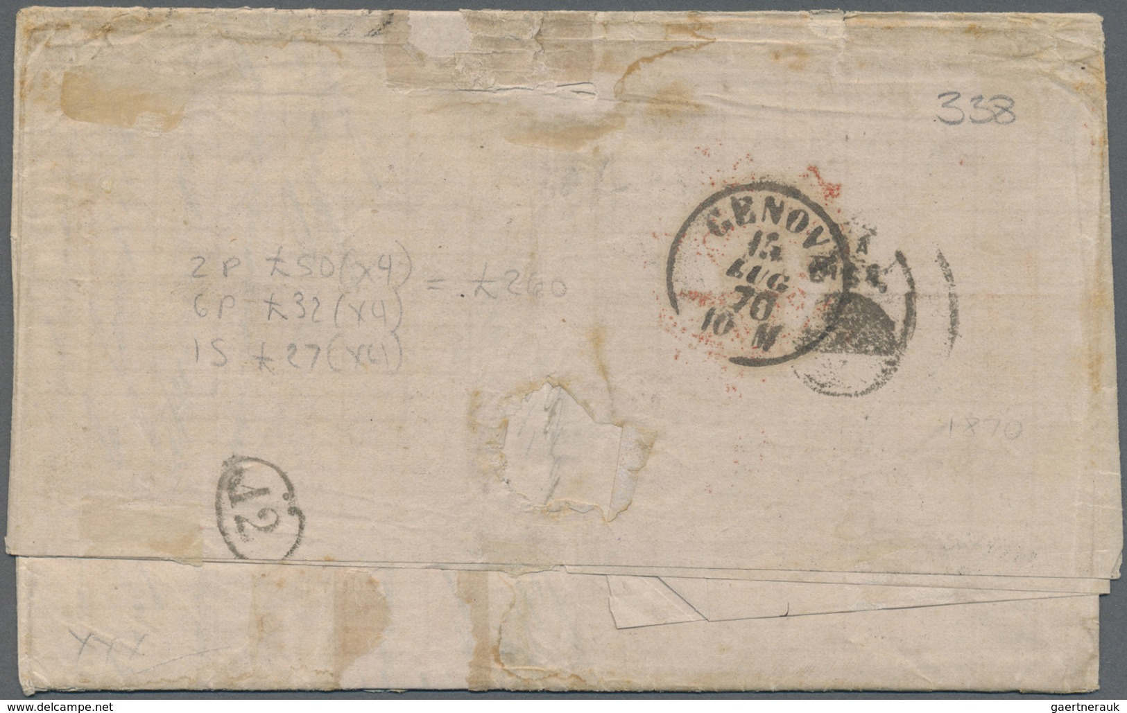 Br Jamaica: 1870, Entire Letter From KINGSTON To GENOVA, At Quadruple 2/8 Sh Rate Paid By 1 Sh (2), 2 D - Jamaique (1962-...)