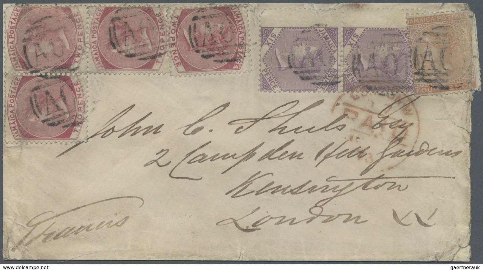 Br Jamaica: 1873, Cover From KINGSTON To London, Bearing 2 D (49, 4 D, 6 D (2) Of The Crown Cc Watermar - Jamaique (1962-...)