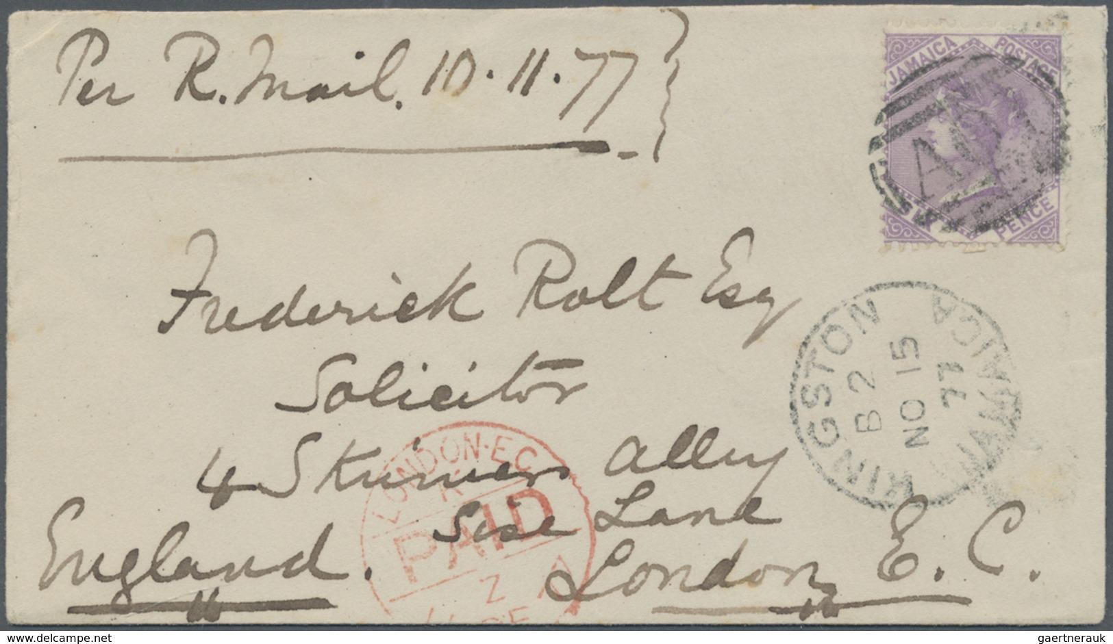 Br Jamaica: 1877, Small Cover To LONDON Endorsed "Per R. Mail 10.11.17" Franked With 6 D (watermark "cc - Jamaique (1962-...)