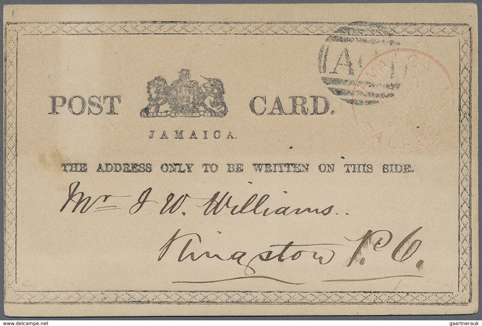 GA Jamaica: 1877, HALF PENNY Red Postal Stationery Card With Black Frame "crossed Lines", Local Usage W - Jamaica (1962-...)