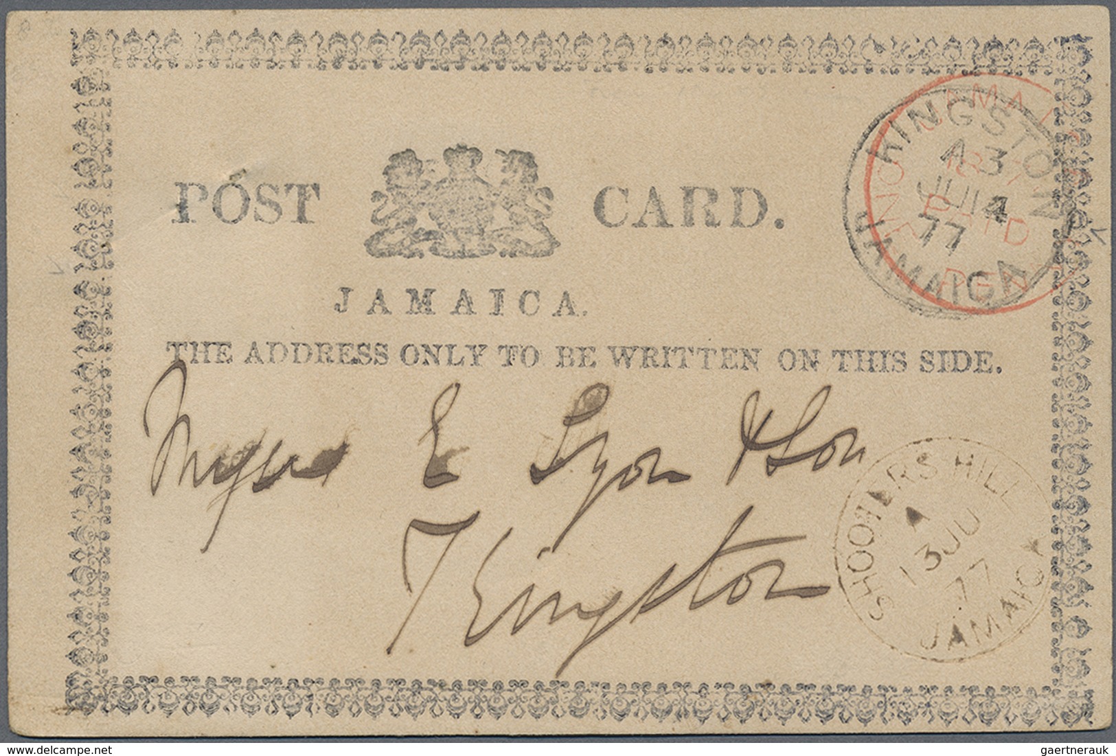 GA Jamaica: 1877, ONE PENNY Red Postal Stationery Card With Black Ornamented Frame, Sent From SHOOTERS - Jamaique (1962-...)