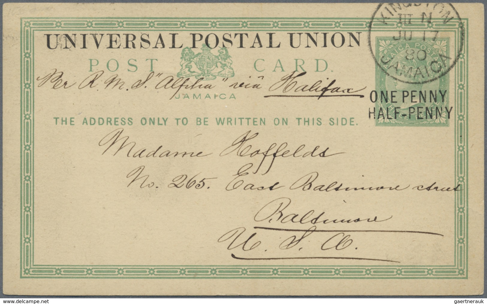 GA Jamaica: 1879, ONE PENNY HALF-PENNY On 3 D Green QV Postal Stationery Card, Sent From KINGSTON, JU.1 - Jamaica (1962-...)