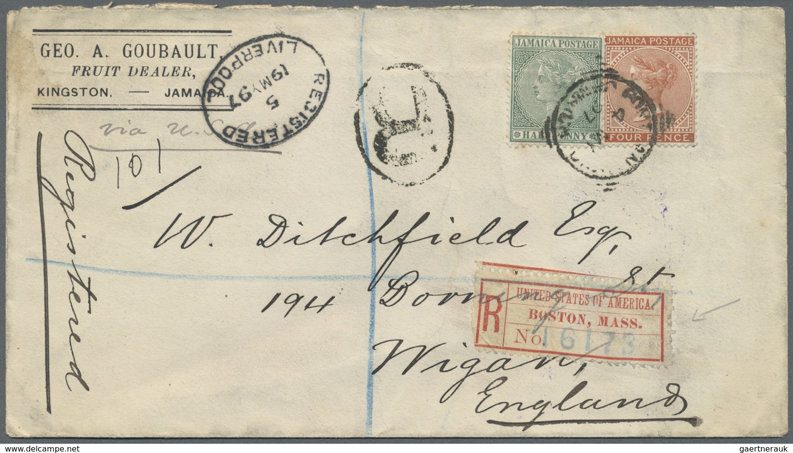 Br Jamaica: 1897, QV 4d, 1/2d Tied "PORT AN(TONI)O 4 MY 97" To Registered Cover Via Boston/USA To Engla - Jamaique (1962-...)