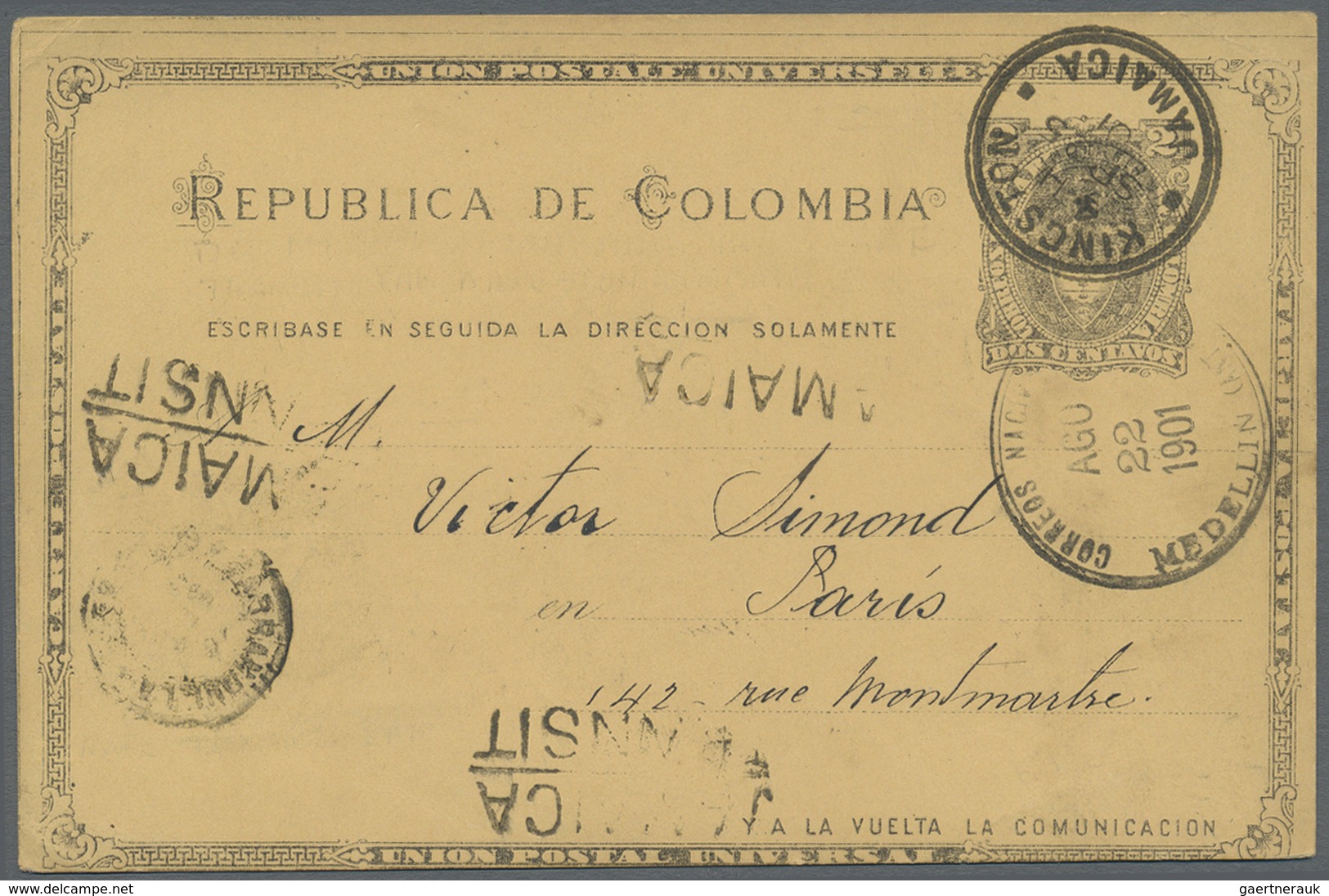 GA Jamaica: 1901. Colombian Postal Stationery Card 2c Black Cancelled By Medellin Date Stamp Addressed - Jamaique (1962-...)