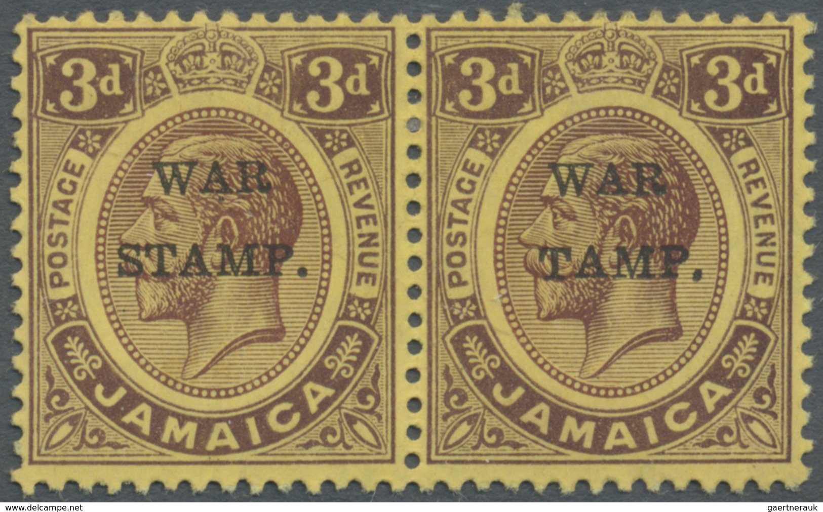 * Jamaica: 1916, KGV 3d. Purple/lemon With Opt. 'WAR STAMP.' Horiz. Pair With 'S' In 'STAMP' Omitted O - Jamaique (1962-...)