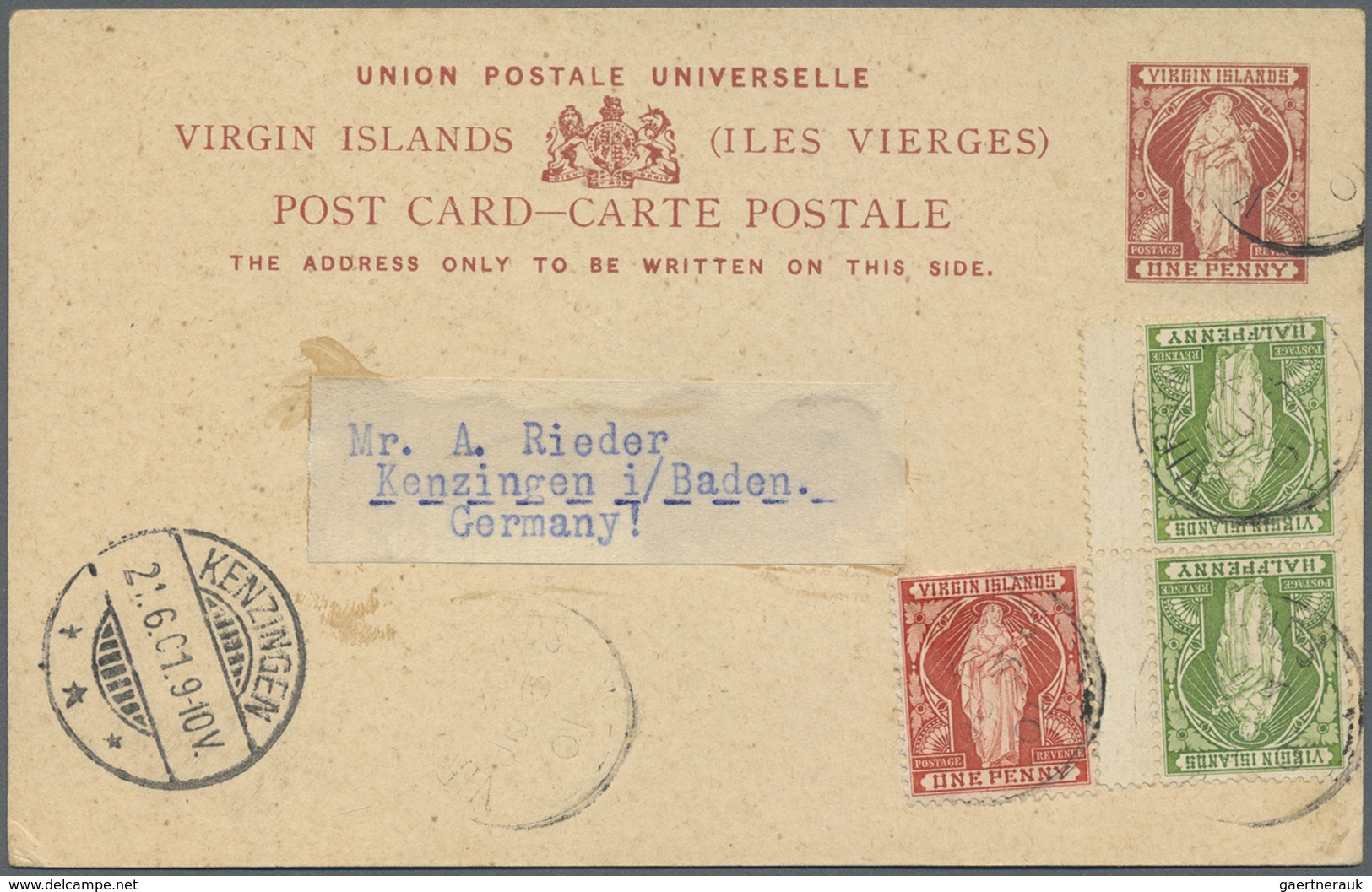 GA Jungferninseln / Virgin Islands: 1901, 1 D Statinonery Card With Additional Franking Of 1 D And Vert - Britse Maagdeneilanden