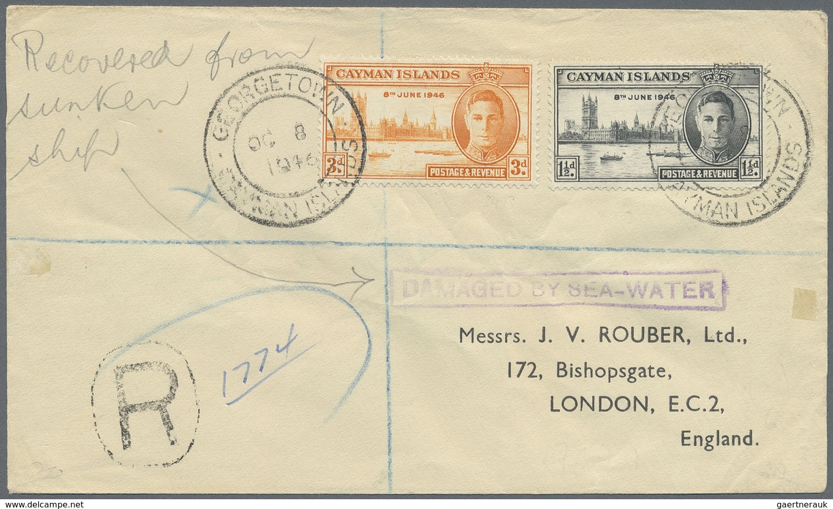 Br Kaiman-Inseln / Cayman Islands: 1946. Registered Envelope Addressed To London Bearing SG 127, 1½d Bl - Iles Caïmans