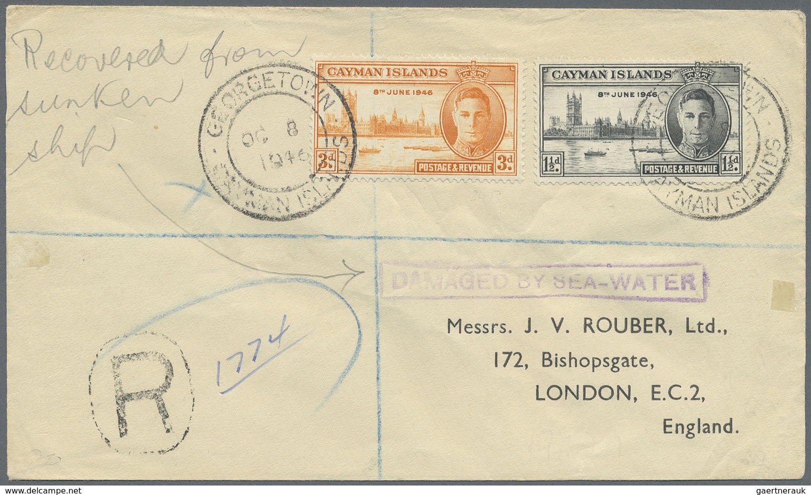 Br Kaiman-Inseln / Cayman Islands: 1946. Registered Envelope Addressed To London Bearing SG 127, 1½d Bl - Kaaiman Eilanden