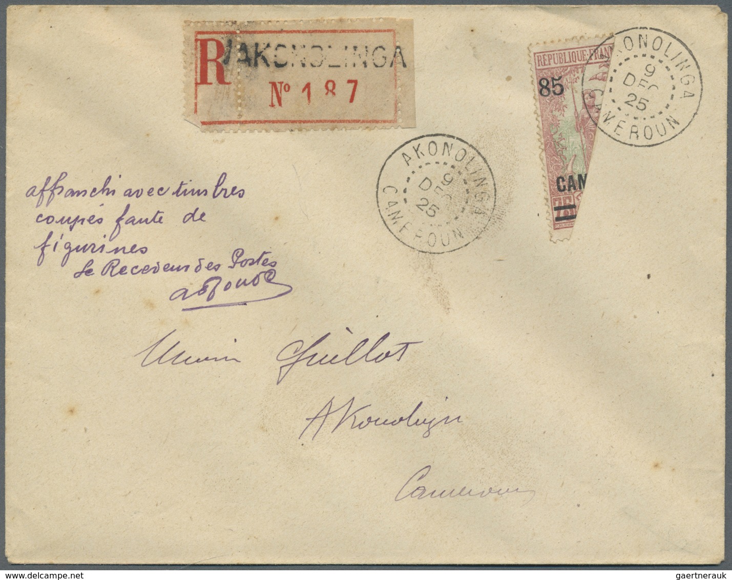 Br Kamerun: 1925, 85 On 75 C Redbrown/green, Diagonally Bisected On Registered Local Cover From AKONOLI - Cameroun (1960-...)
