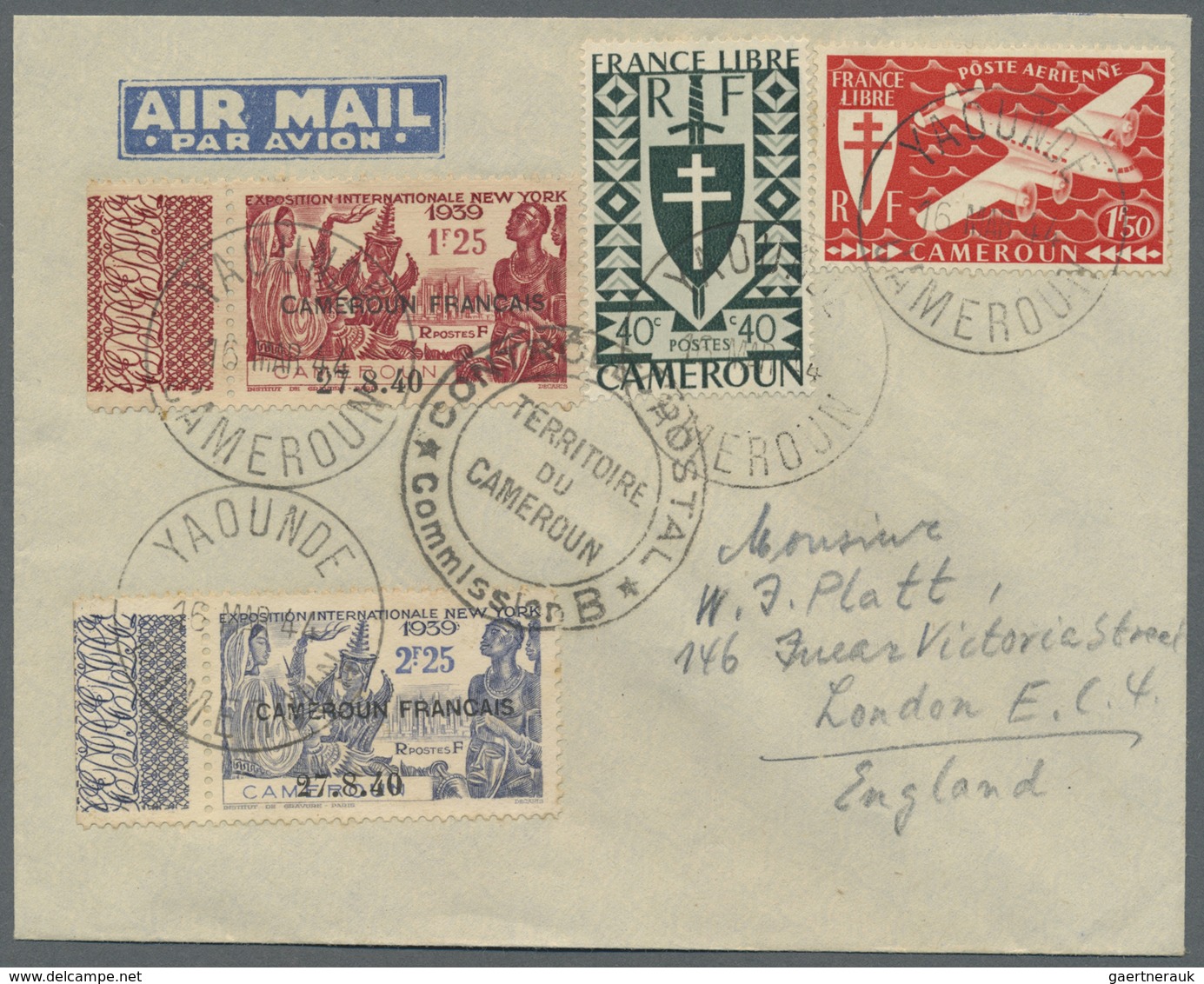 Br Kamerun: 1940, "27.8.40" Overprints, 1.25fr. And 2.25fr. World Exhibition, Mixed Franking On Airmail - Cameroun (1960-...)