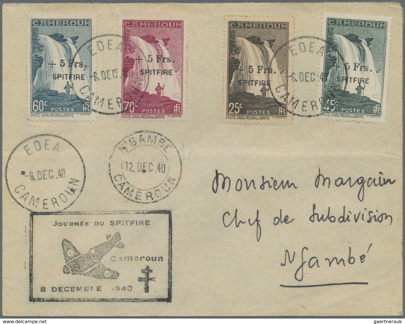 Br Kamerun: 1940, War Fund + 5 Fr. On 25 C. - 70 C. Complete Tied By Cds. "EDA CAMEROUN 8.DEC.40" To Co - Cameroun (1960-...)