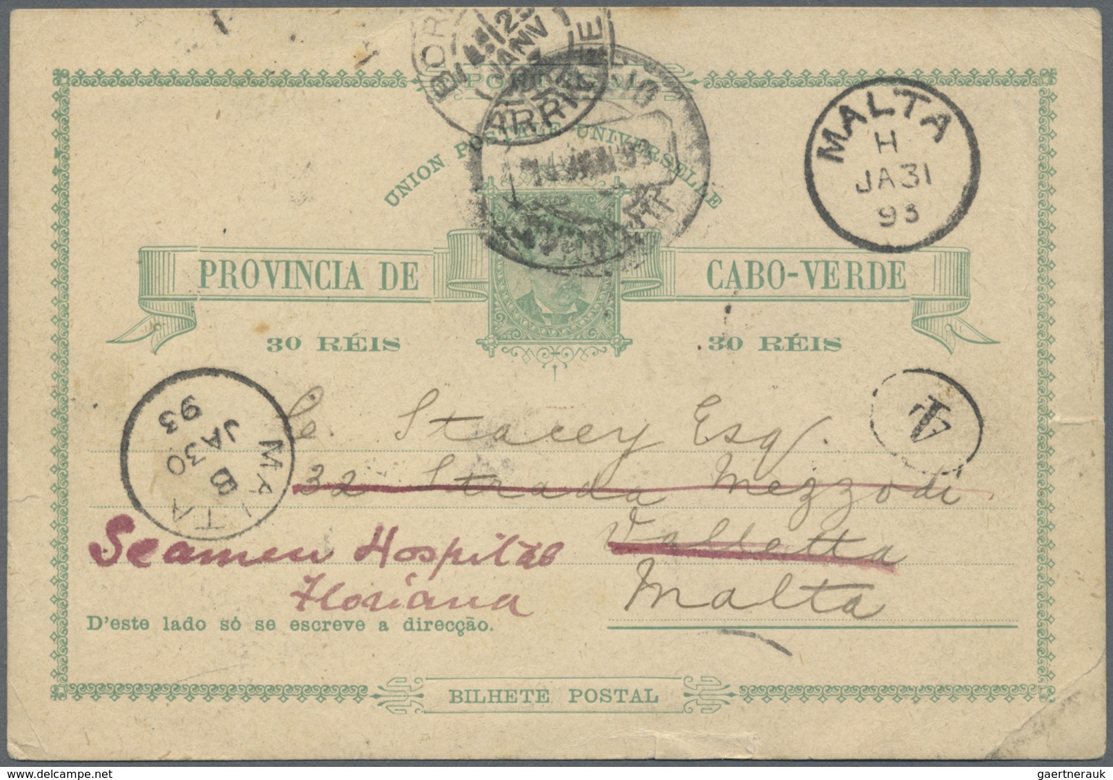 GA Kap Verde: 1893, Stationery Card, From Cabo Verde Via Lissabonne To Malta, There Redirected To Seame - Kap Verde