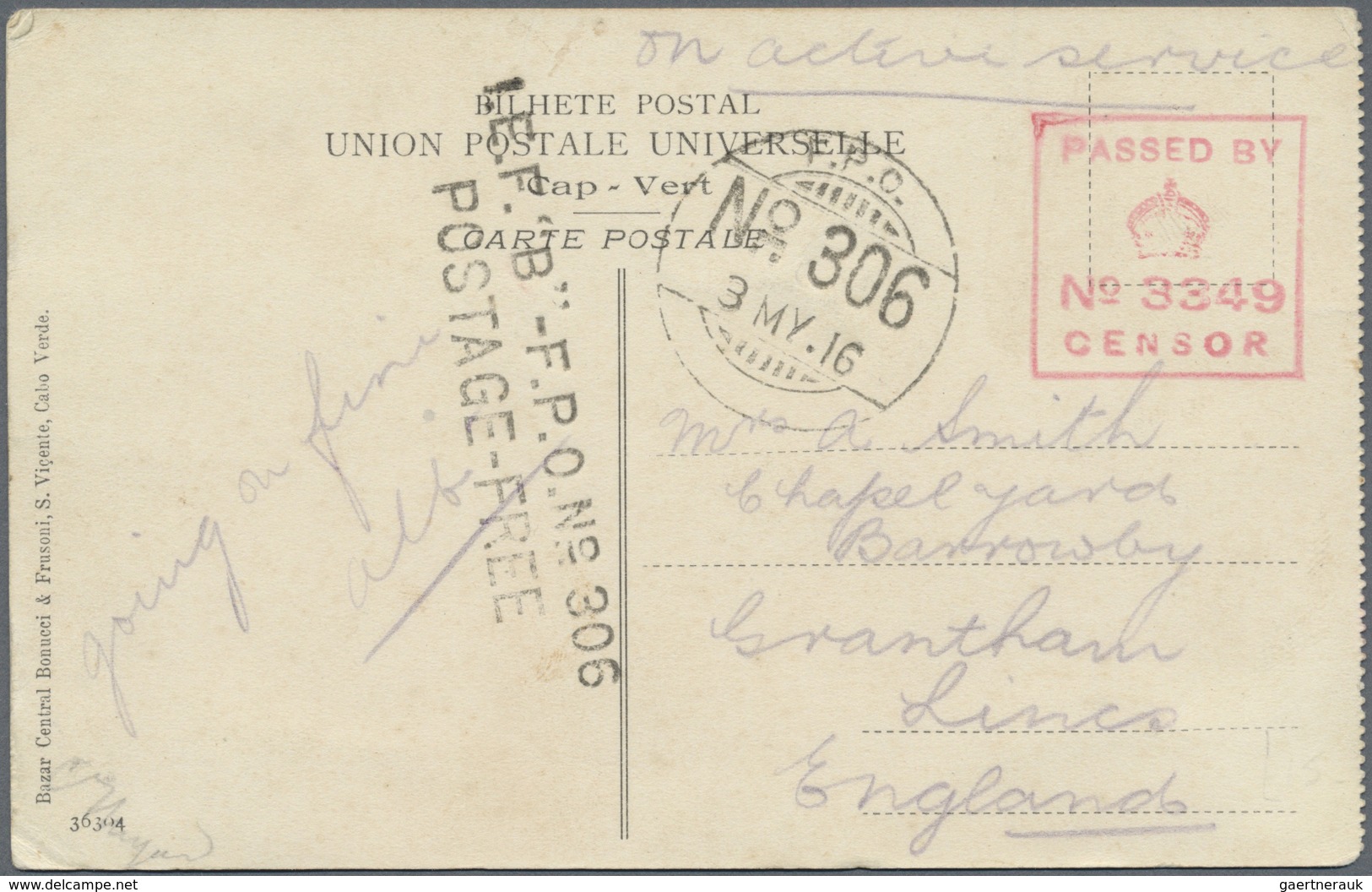 Br Kap Verde: 1916. Stampless Picture Post Card Of 'Cape Verde' Addressed To England Endorsed 'On Activ - Cap Vert