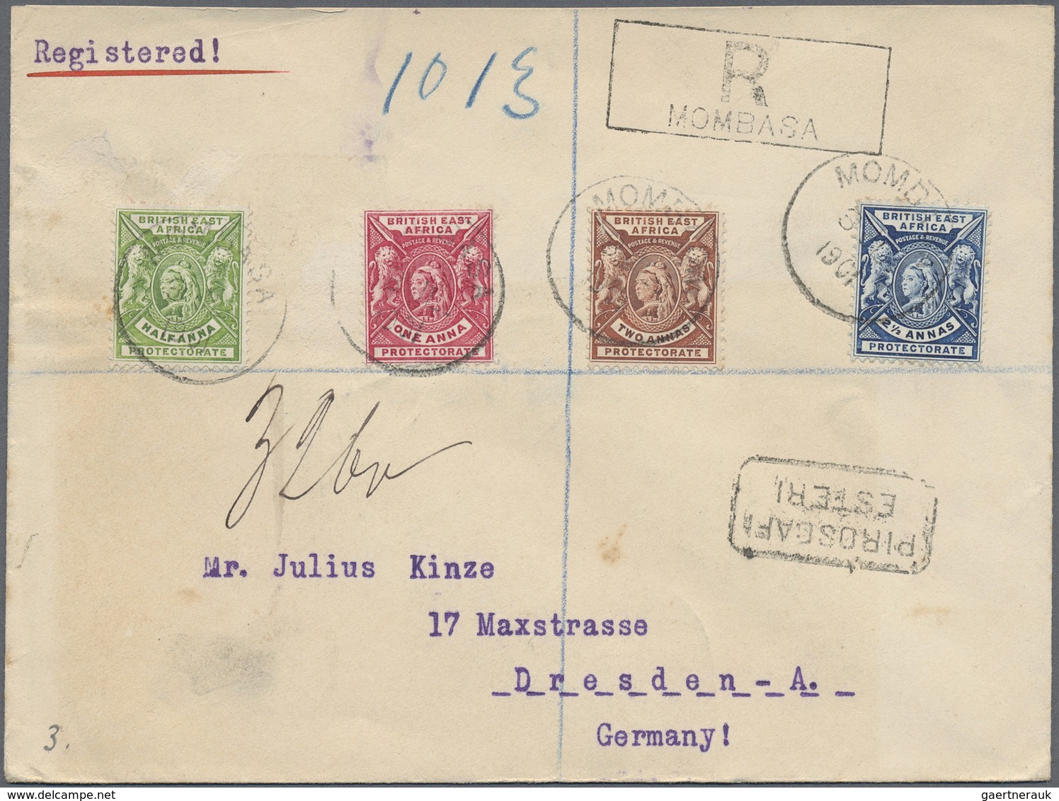 Br Kenia - Britisch Ostafrika: 1901, Registered Letter With Four Colur Franking From MOMBASA To Germany - Brits Oost-Afrika