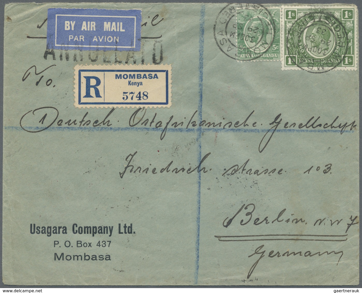 Br Kenia - Britisch Ostafrika: 1933, Registered Letter From MOMBASA Via Brindisi To Berlin. Air Mail La - Brits Oost-Afrika