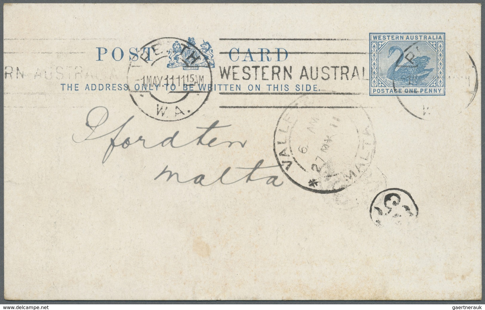 GA Kokos-Inseln: 1911, Western Australia Swan Stationery 1d Blue Canc. "PERTH W. A. 1 MAY 11" To Malta - Cocos (Keeling) Islands