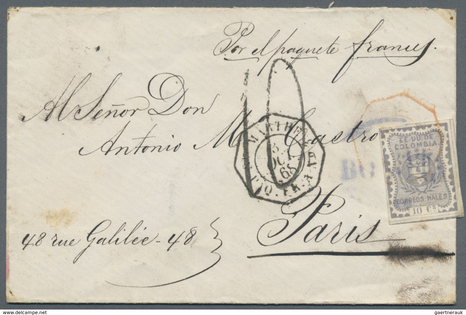 Br Kolumbien: 1868. Envelope Addressed To France Bearing Yvert 35, 10c Violet, Tied By Boxed Bogata Han - Colombie