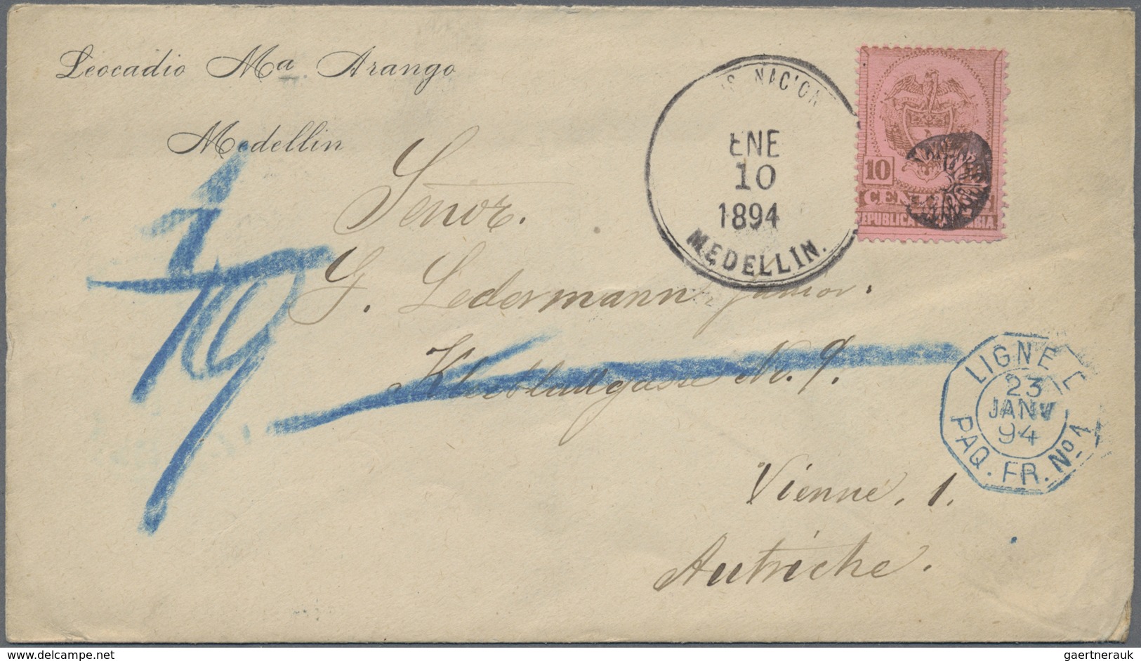 Br Kolumbien: 1894, Envelope Bearing 10 C Tied By Killer-duplex "MEDELLIN ENE 10 1894" And Negative Esc - Colombia