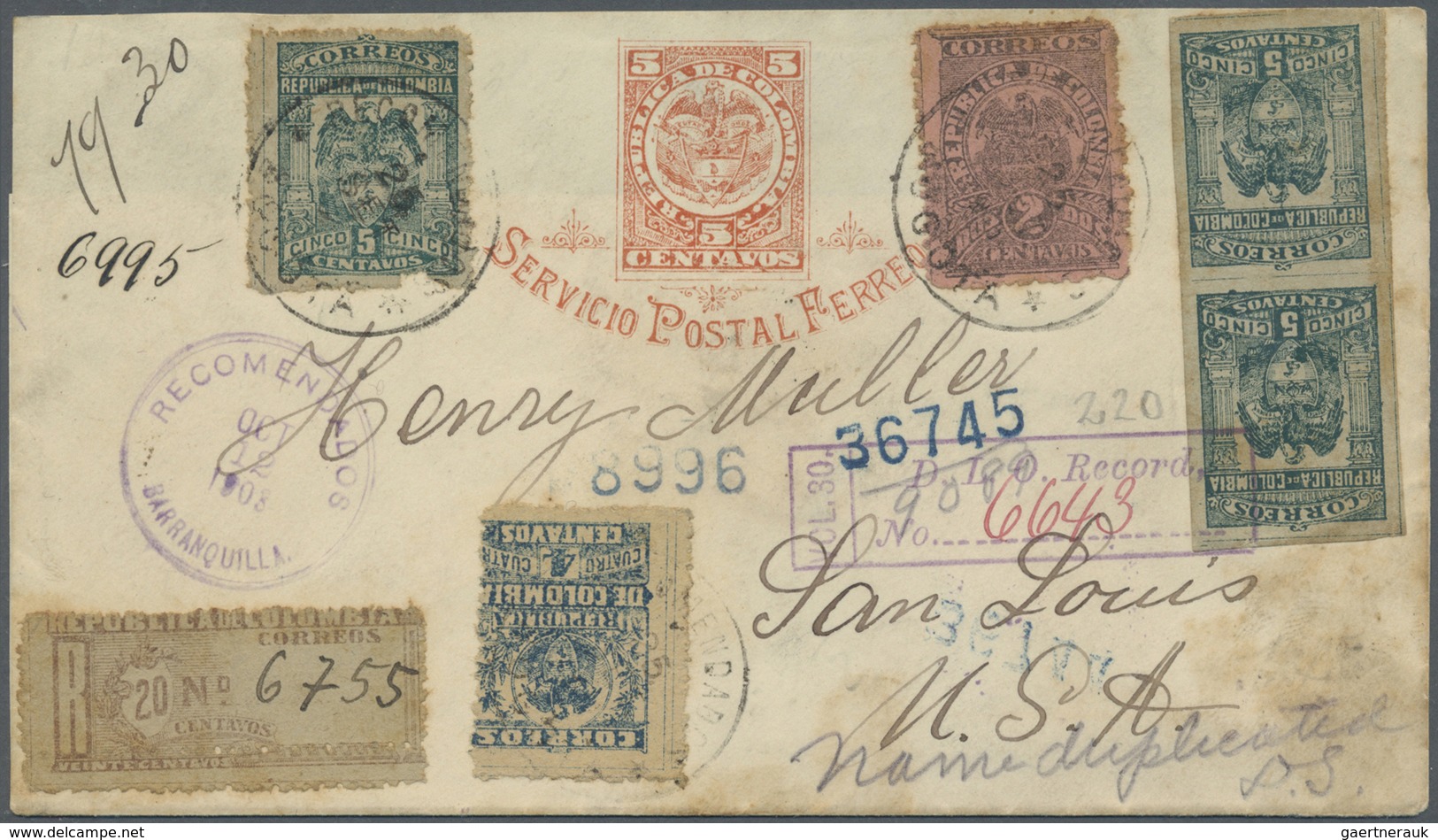 GA Kolumbien: 1903, 5 C Red Postal Stationery Registered Cover With Mixed Franking From Bogota Via Barr - Colombia