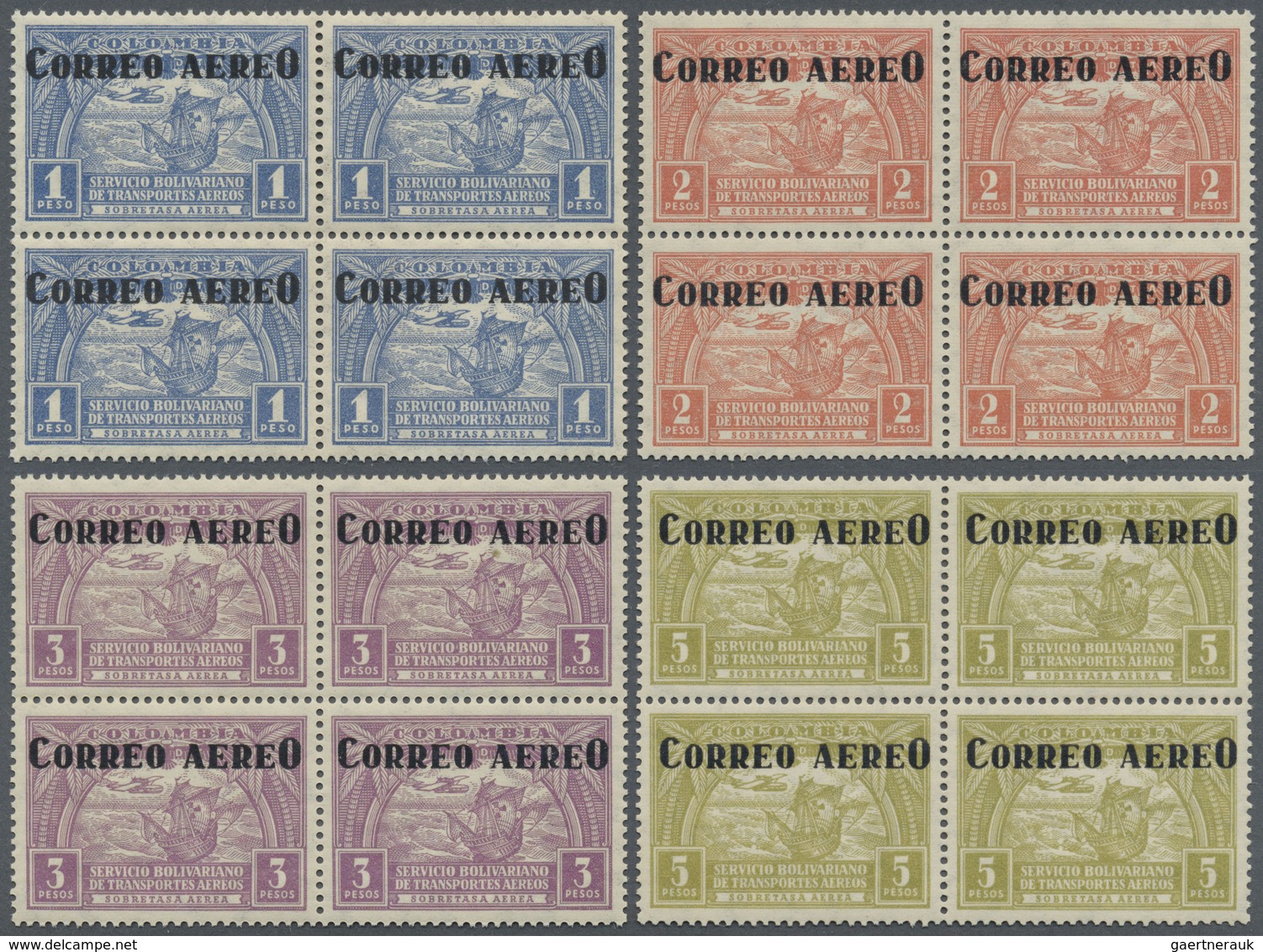 ** Kolumbien: 1932, SCADTA Airmail Issue With Overprints 'CORREO AEREO' Complete Set In Blocks/4 Incl. - Colombie