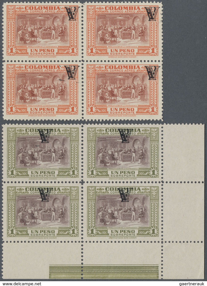 ** Kolumbien: 1951/1954, Country Scenes Airmail Issue Both 1p. Stamps In Blocks/4 With INVERTED Opt. 'A - Colombie