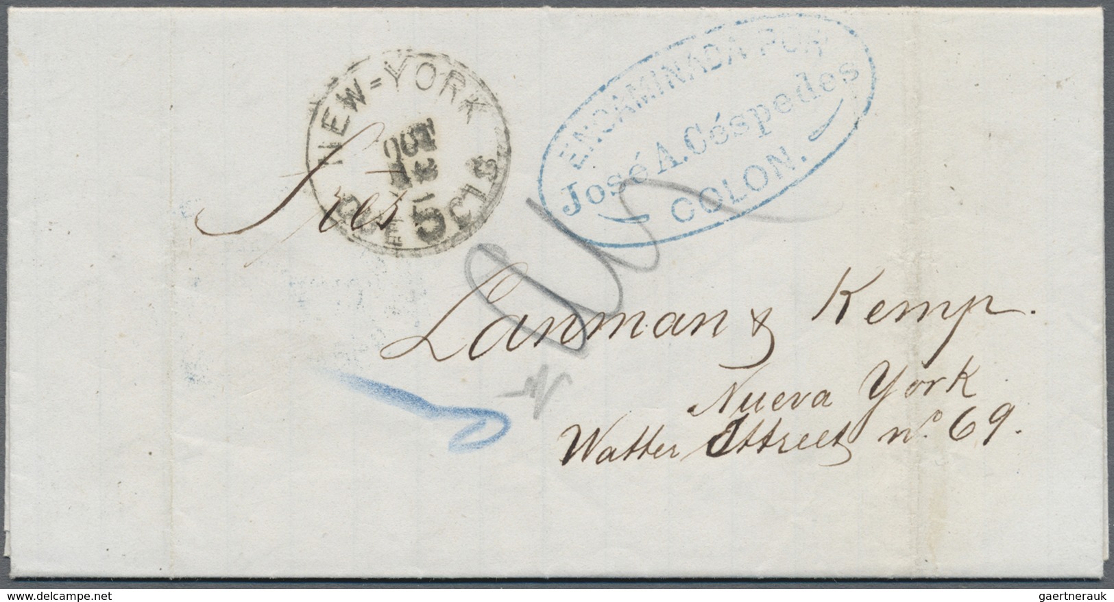 Br Kolumbien - Stempel: 1875 (July 15), Entire Letter Sent From Bucaramanga To New York With Two Blue O - Colombia