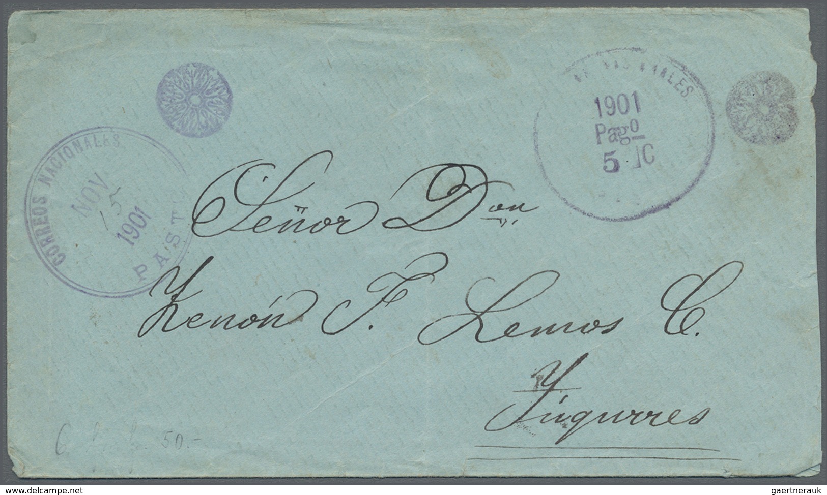 Br Kolumbien - Stempel: PASTO NOV 15 1901 And Rare "1901 Pago 5 C" Two Rare Violed Paid Duplex-cancels - Colombia