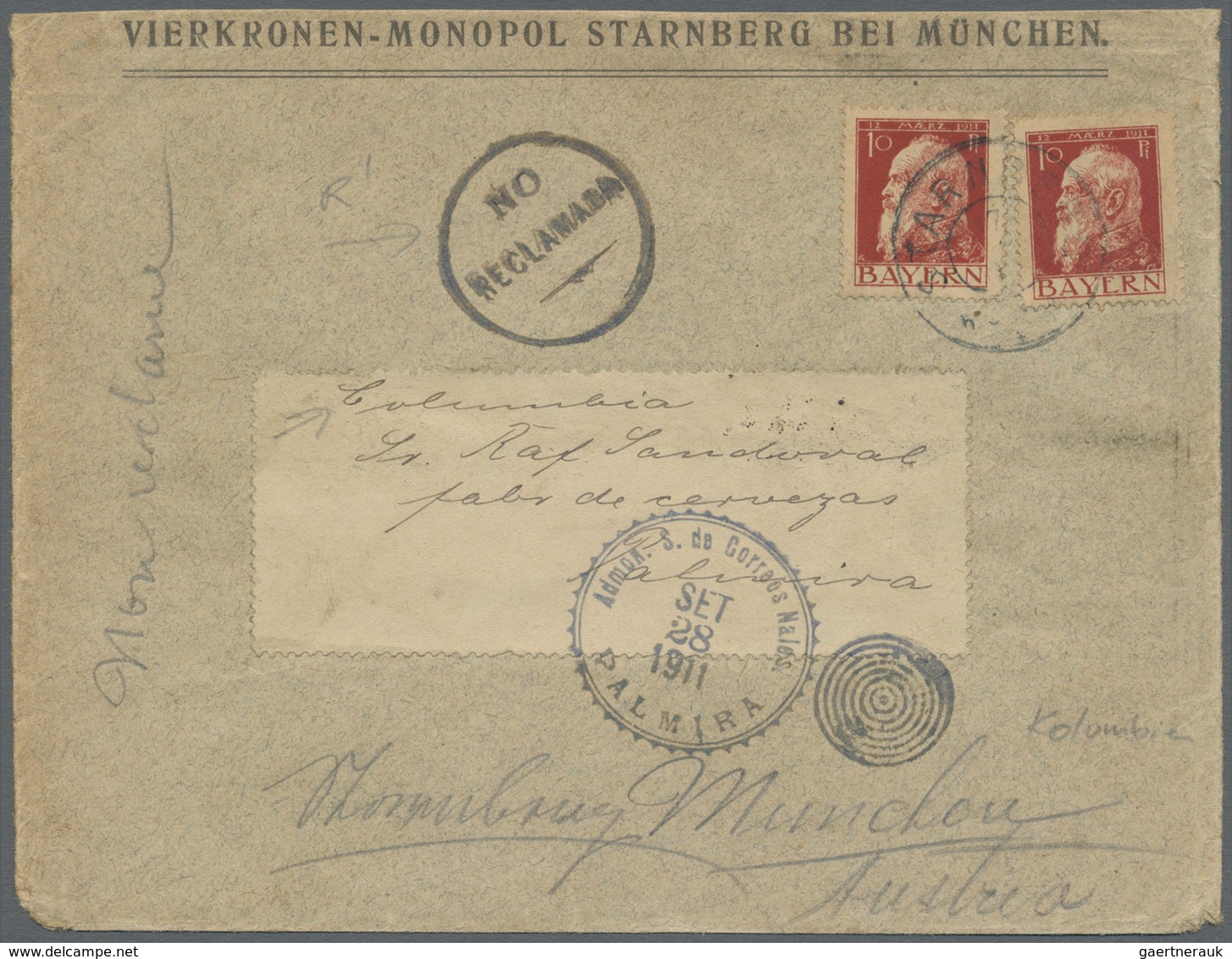 Br Kolumbien - Stempel: 1911, "NO RECLAMADA" Cds On Bavarian Envelope Bearing Luitpolt 2x 10 Pf. Sent F - Colombia