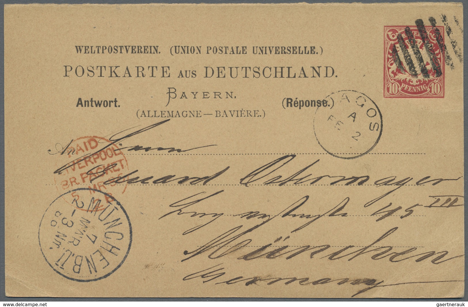 GA Lagos: 1886, "LAGOS A FE 2 86" And Barr-cancel On Early Bavarian Stationery Card 10 Pf Sent Back Wit - Nigeria (...-1960)