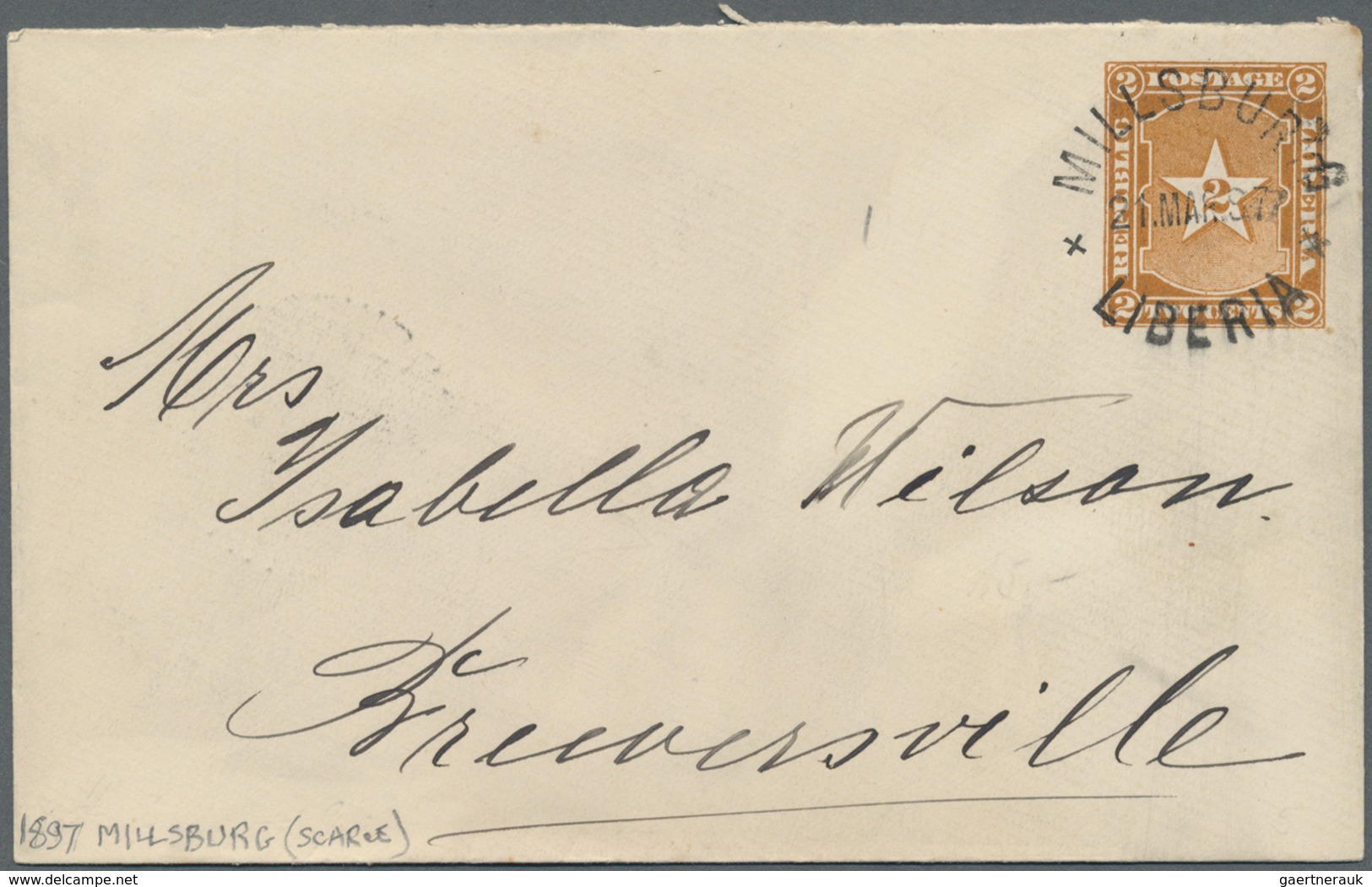 GA Liberia: 1897. Postal Stationery Envelope 2c Brown Addressed To Brewerville/Liberia Cancelled By Mil - Liberia