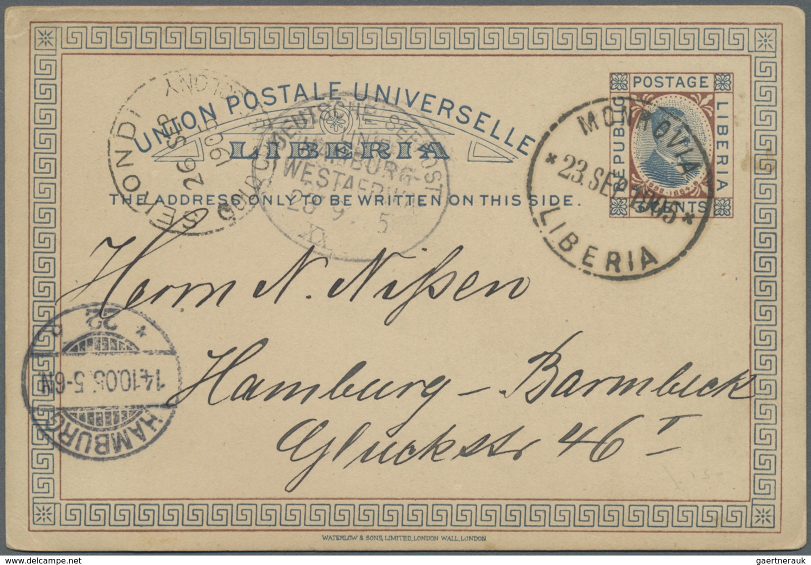 GA Liberia: 1905. Postal Stationery Card 3 Cents Blue And Black Cancelled By Monrovia Date Stamp Addres - Liberia