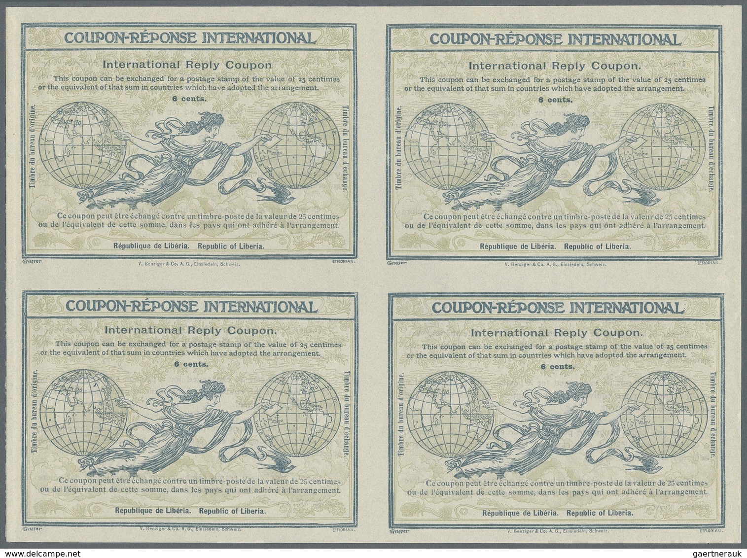 GA Liberia: Design "Rome" 1906 International Reply Coupon As Block Of Four 6 C. Liberia. This Block Of - Liberia