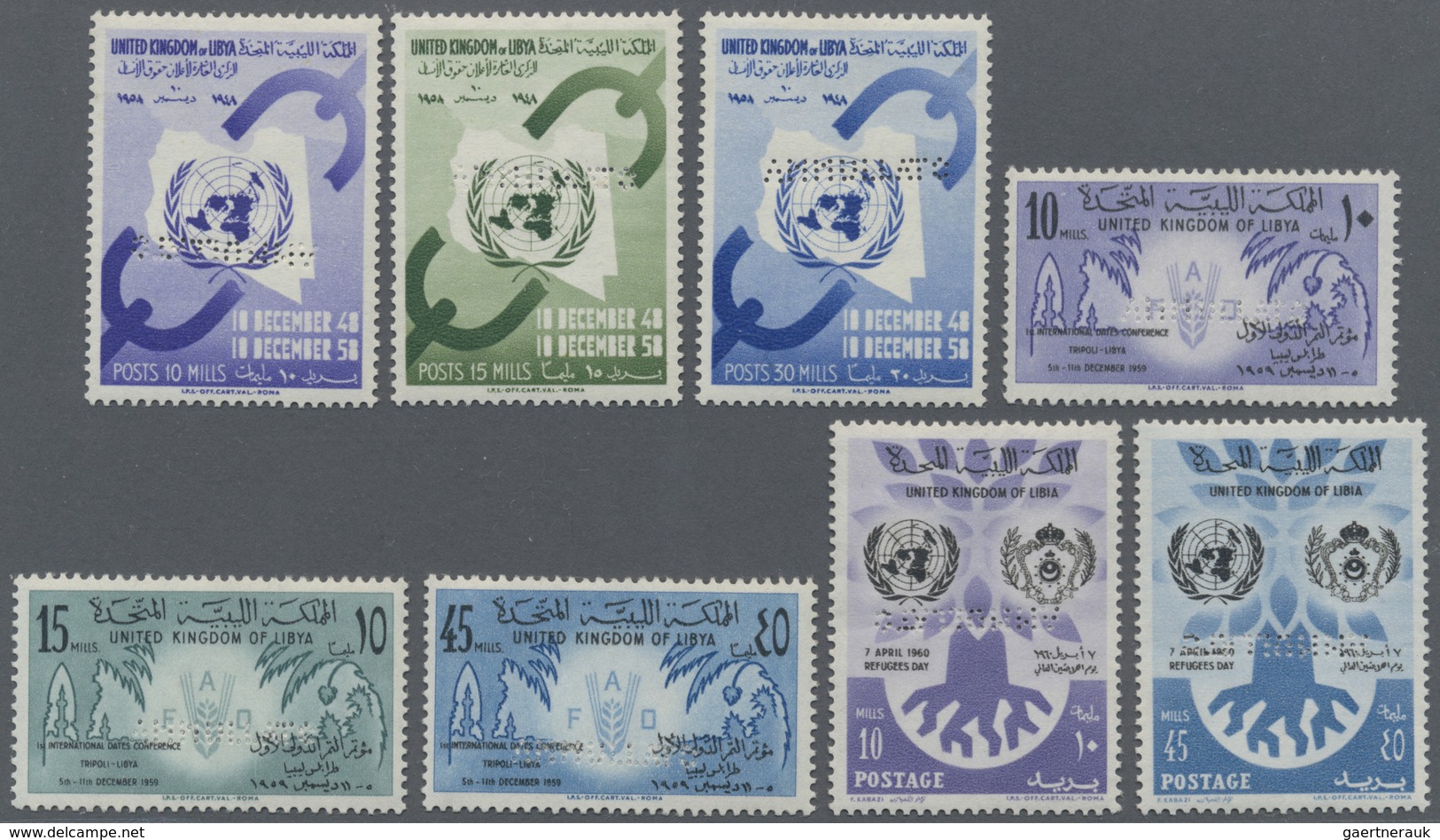 ** Libyen: 1958/1960, 3 Postfrische Ausgaben/Sätze, Specimen Durchstochen. Selten. - Libye