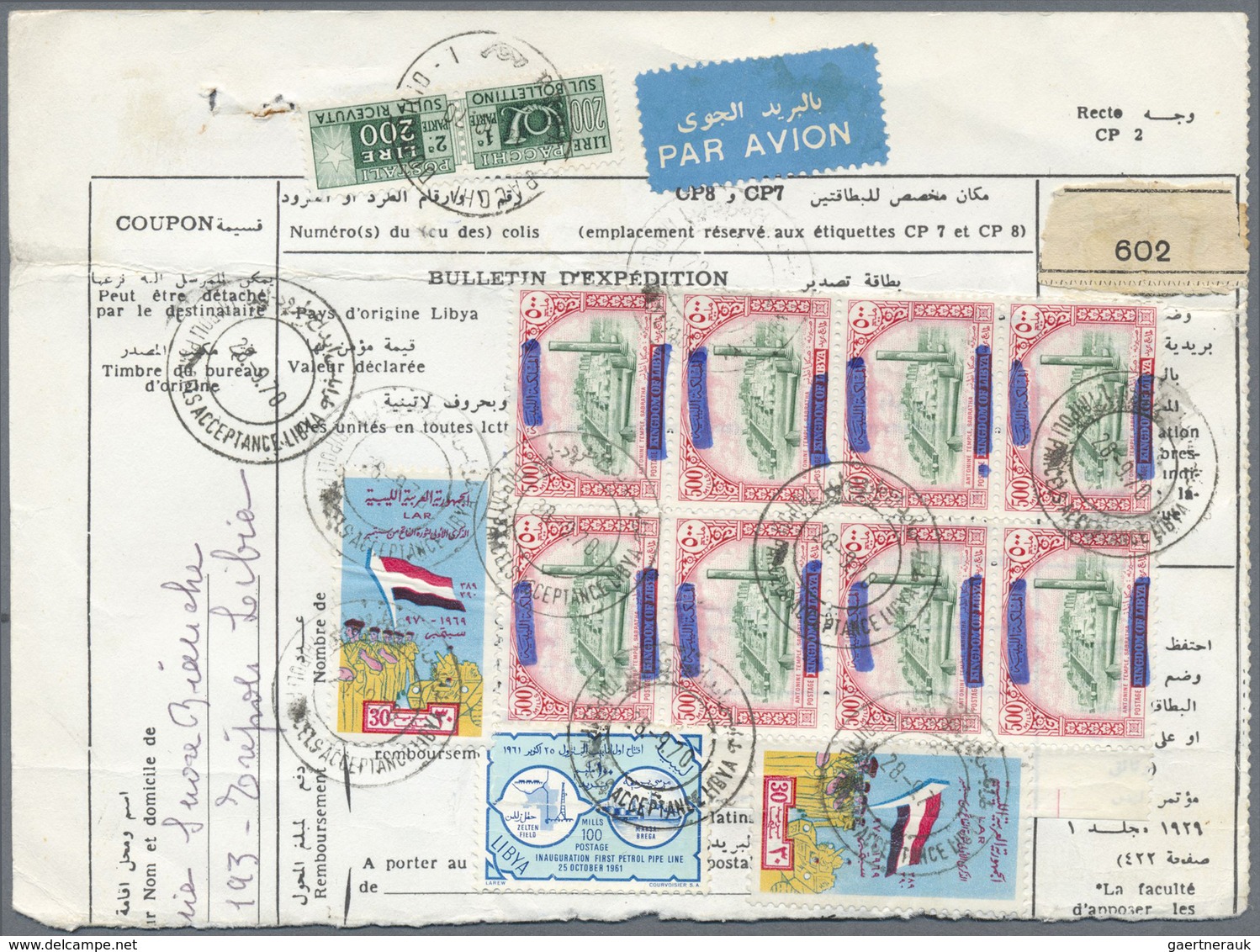 Br Libyen: 1970: Parcel Card Sent To Italy Franked With 1965 High Value 500 M In Very Fine Bloc Of Eigh - Libye