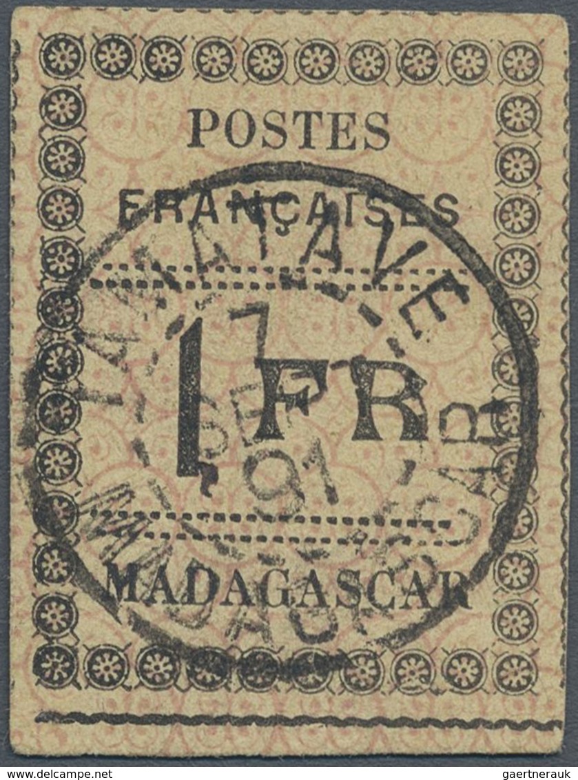 O Madagaskar: 1891, Local Typeset Issue, 1fr. Black On Yellow, Used "TAMATAVE 7 SEP 91", Signed Brun. - Autres & Non Classés