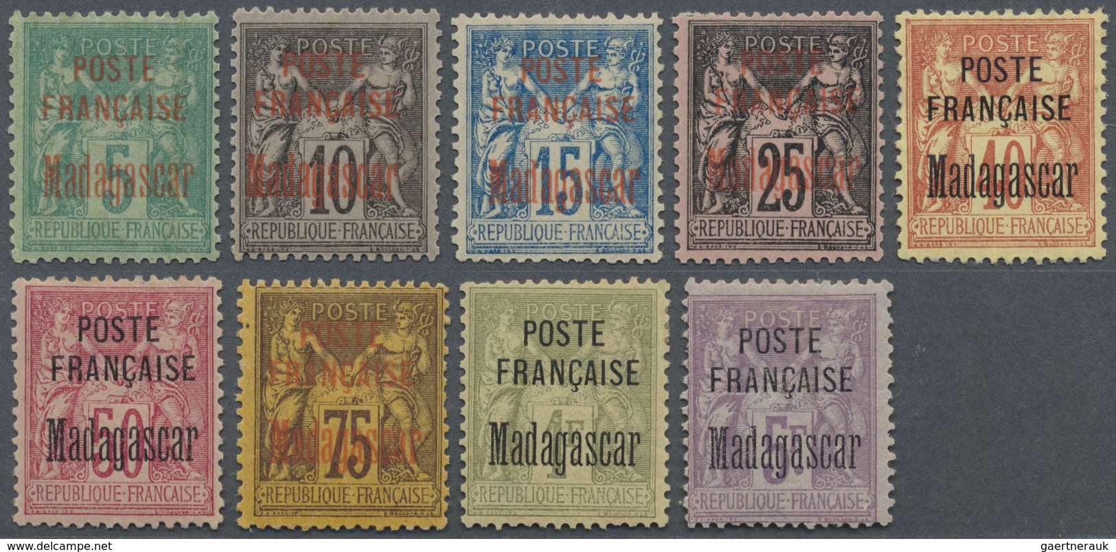 * Madagaskar: 1895, FRENCH PROTECTORAT Stamps: 5 C. To 5 Fr. Issues Of France With Multi-line Overprin - Andere & Zonder Classificatie