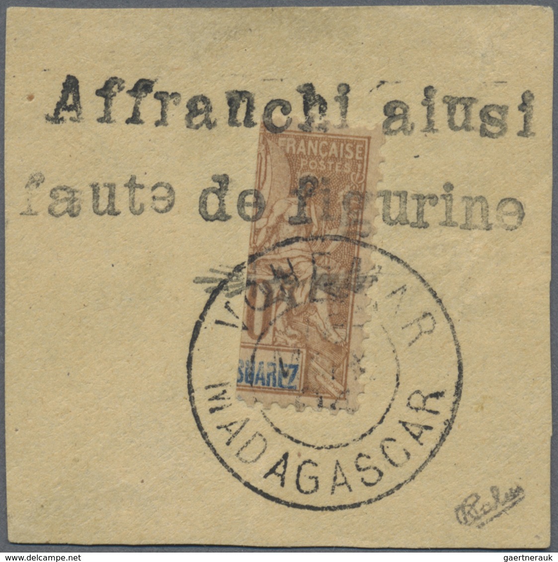 Brfst Madagaskar: 1904, Vohemar, 30c. Brown Vertically Bisected On Piece "Affranchi Aiusi Faute De Figurin - Autres & Non Classés
