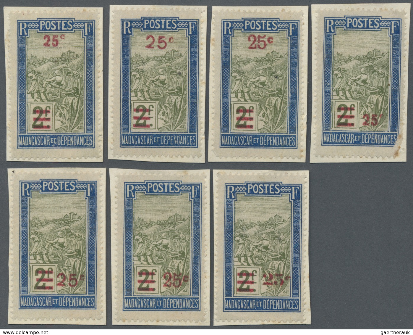 Brfst Madagaskar: 1922, 25 C. On 2 F. Blue And Oliv Landscapes With Overprint, Seven Different Overprint T - Autres & Non Classés