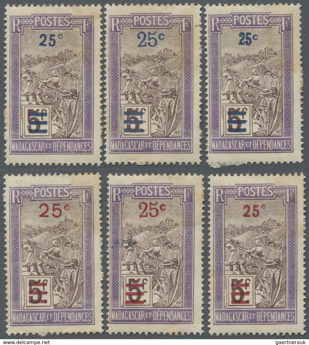 * Madagaskar: 1922, 25 C. On 5 F. Violet And Brown Landscapes With Overprint, Six Different Overprint - Other & Unclassified