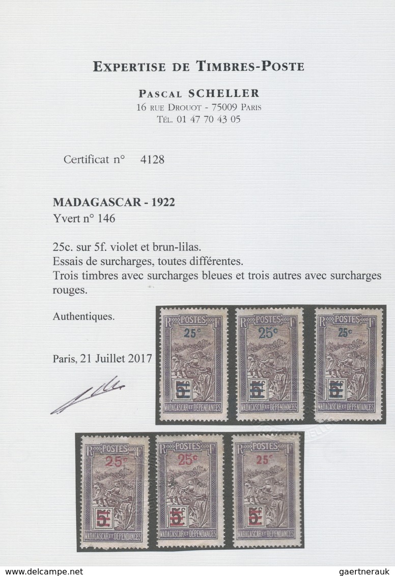 * Madagaskar: 1922, 25 C. On 5 F. Violet And Brown Landscapes With Overprint, Six Different Overprint - Other & Unclassified