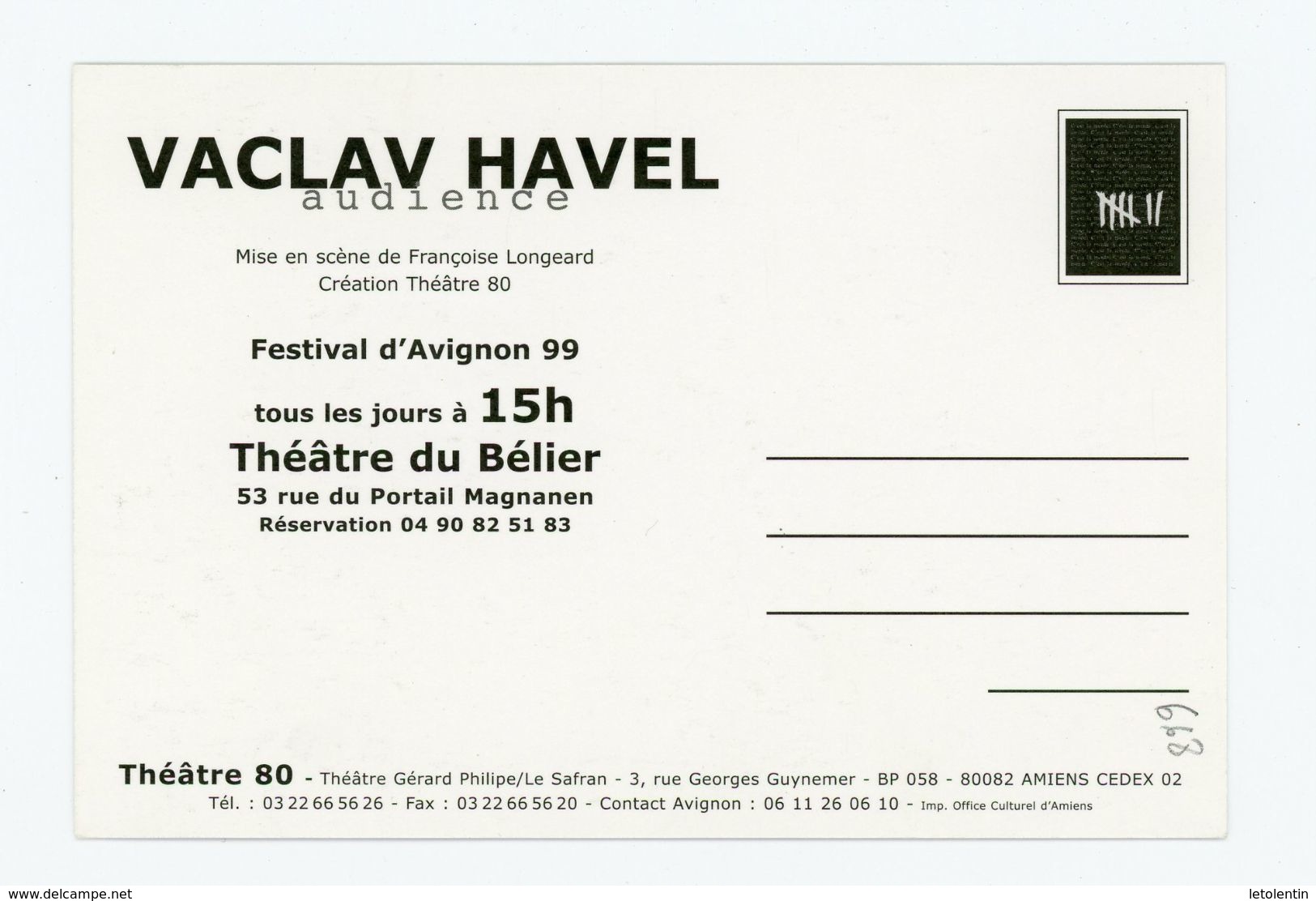 Carte Pub ; VACLAV HAVEL AU THEATRE DU BELIER À AVIGNON - Werbepostkarten