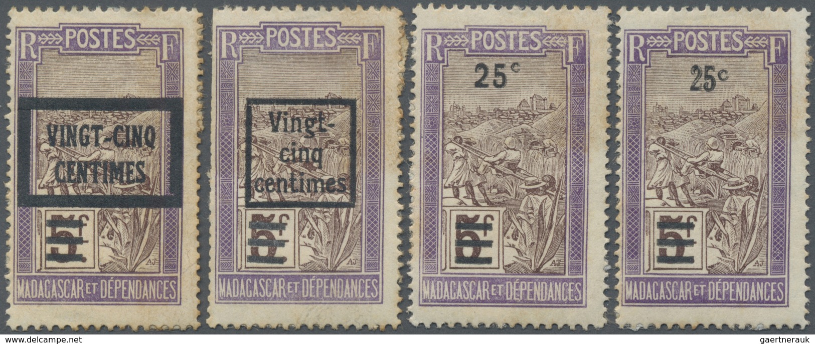 * Madagaskar: 1922, 25 C. On 5 F. Violet And Brown Landscapes With Overprint, Four Different Overprint - Autres & Non Classés