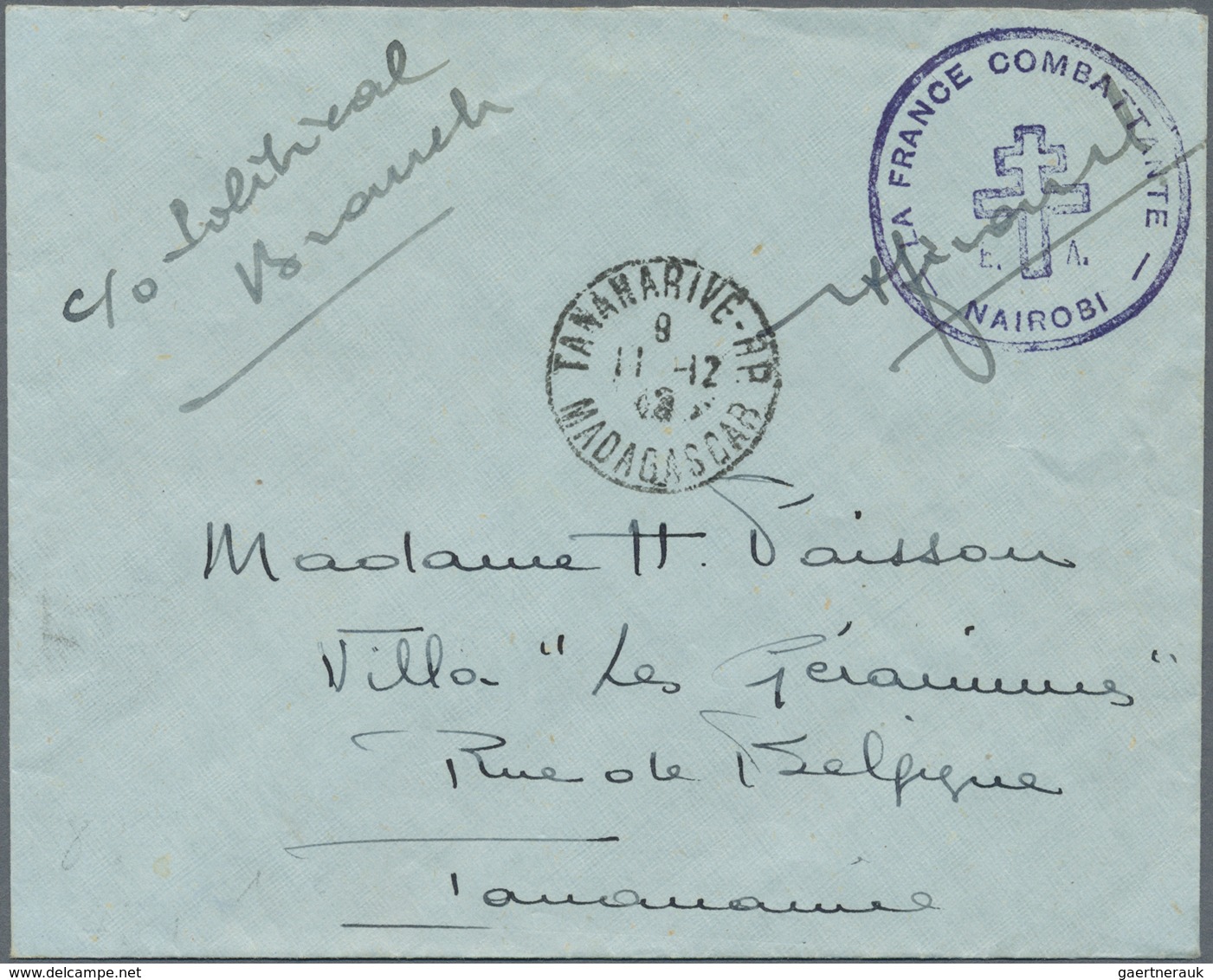 Br Madagaskar: 1943. Stampless Envelope Addressed To France Cancelled By Circular 'La France Combattant - Autres & Non Classés