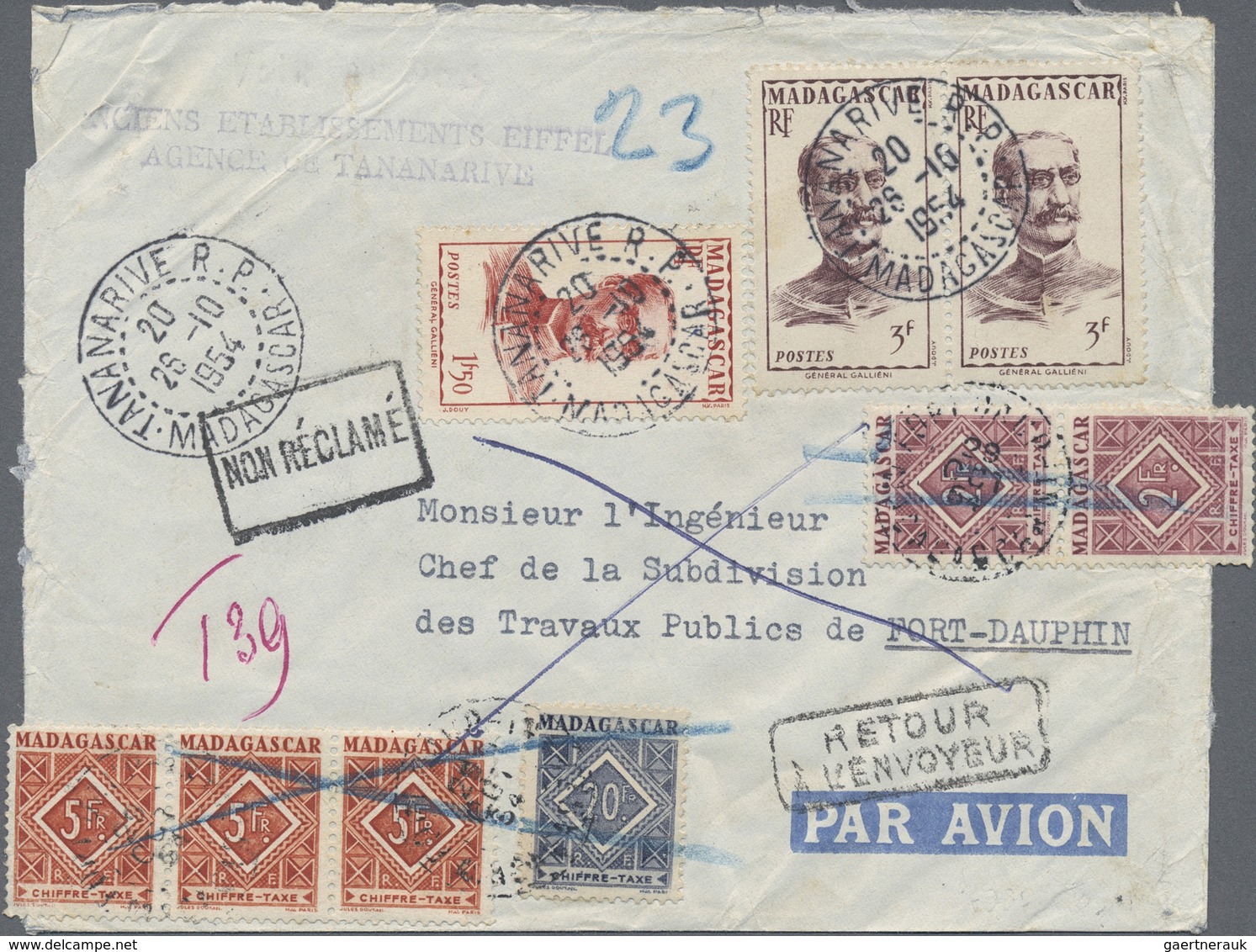 Br Madagaskar - Portomarken: 1954. Air Mail Envelope (opened For Display,creases) Addressed To Fort Dau - Timbres-taxe