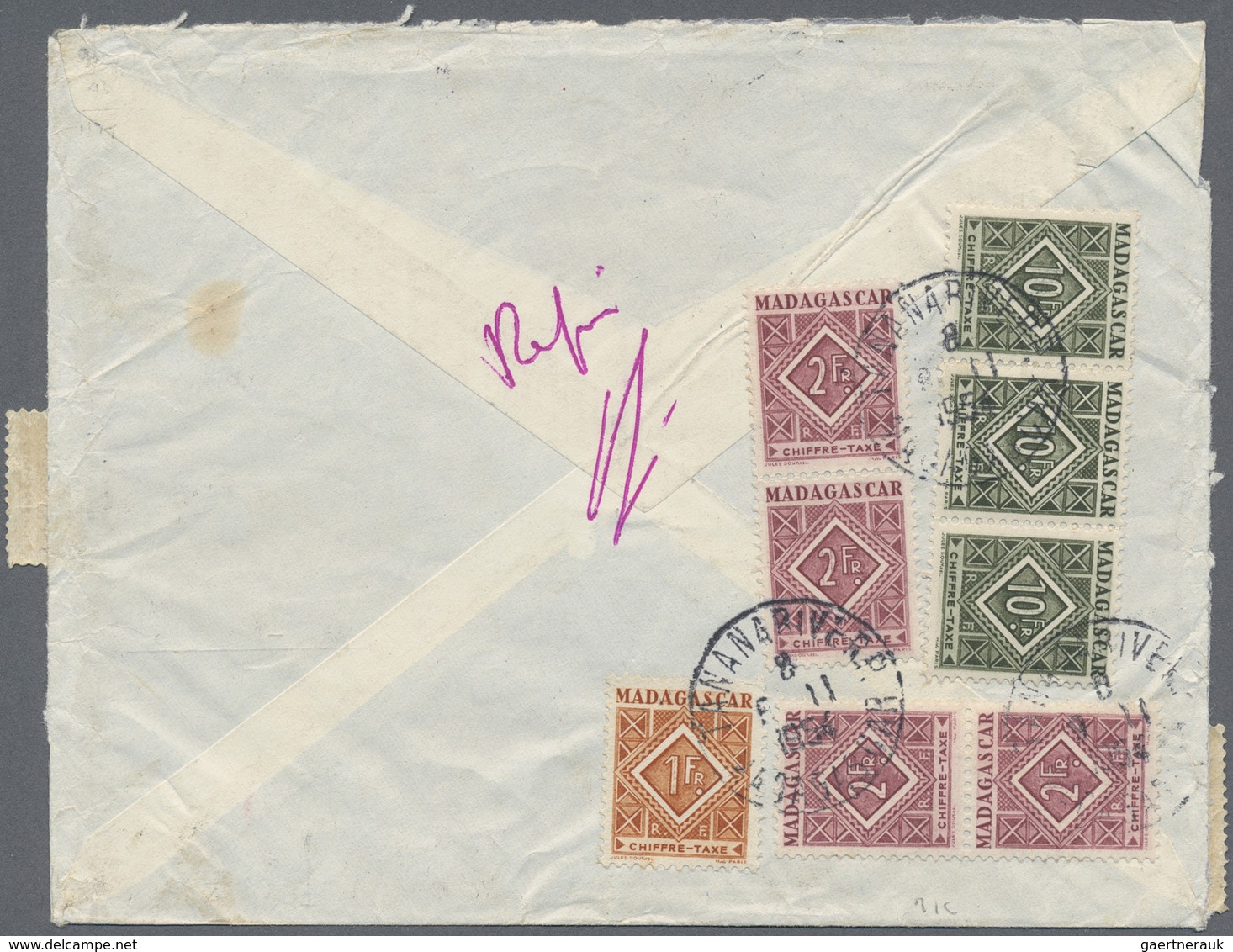 Br Madagaskar - Portomarken: 1954. Air Mail Envelope (opened For Display,creases) Addressed To Fort Dau - Strafport
